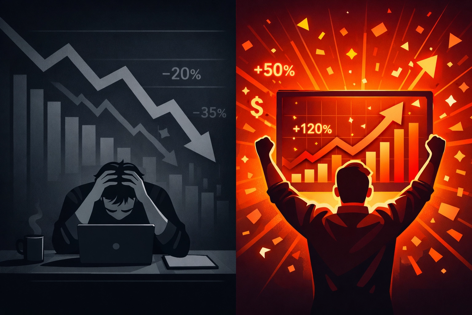 Website redesign results comparison showing declining performance versus successful growth