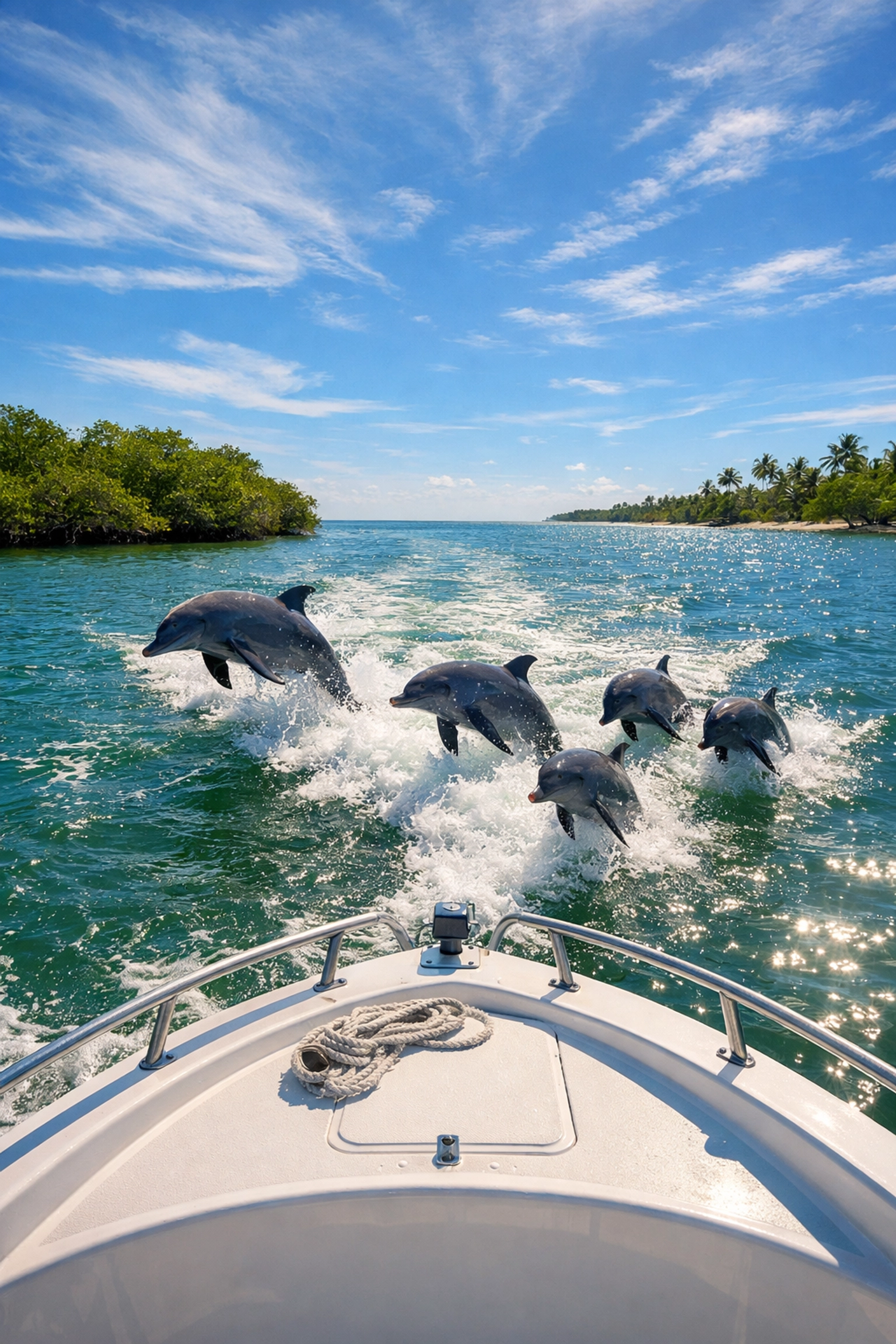 Dolphins jumping in Indian River Lagoon during Cocoa Beach boat tour on sunny day