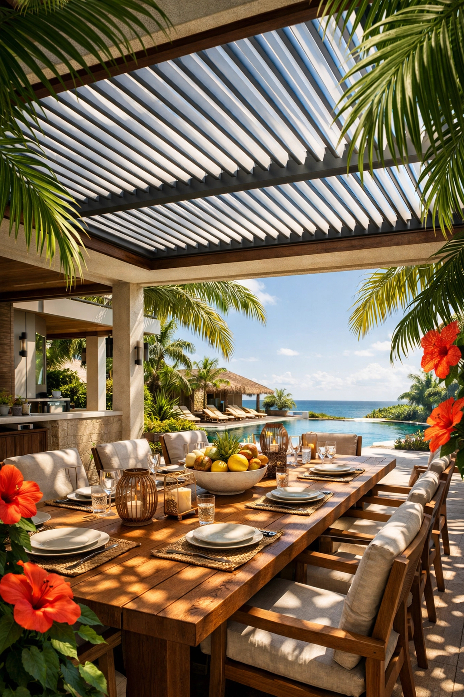 Operable aluminum louvre roof providing shade and natural ventilation for a tropical outdoor dining area.