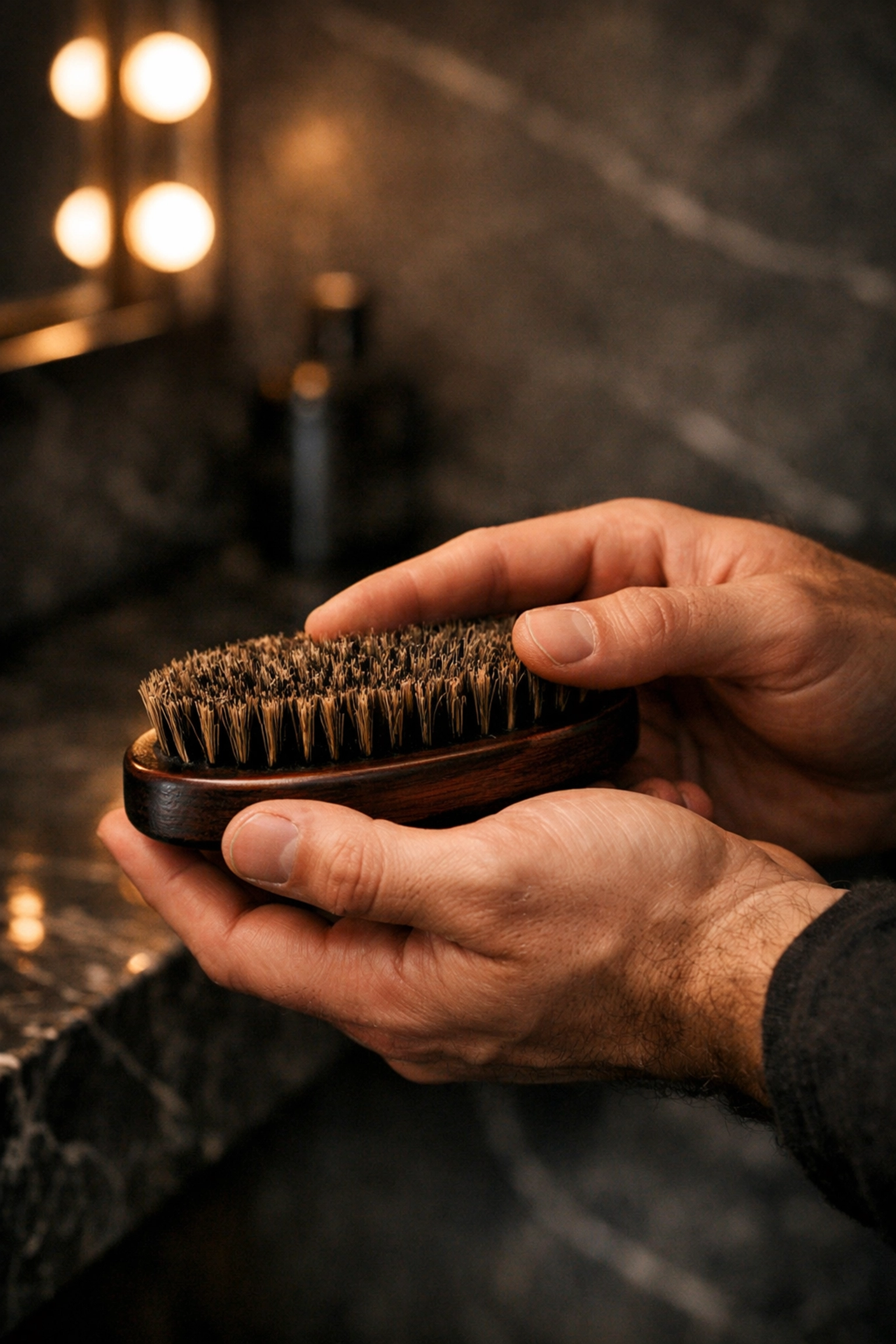 Sophisticated boar-bristle beard brush with a wood handle for a refined daily grooming ritual.