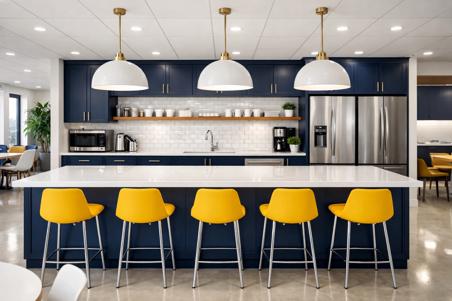 High-quality Worcester office cleaning in a modern breakroom with spotless counters and organized kitchen space.