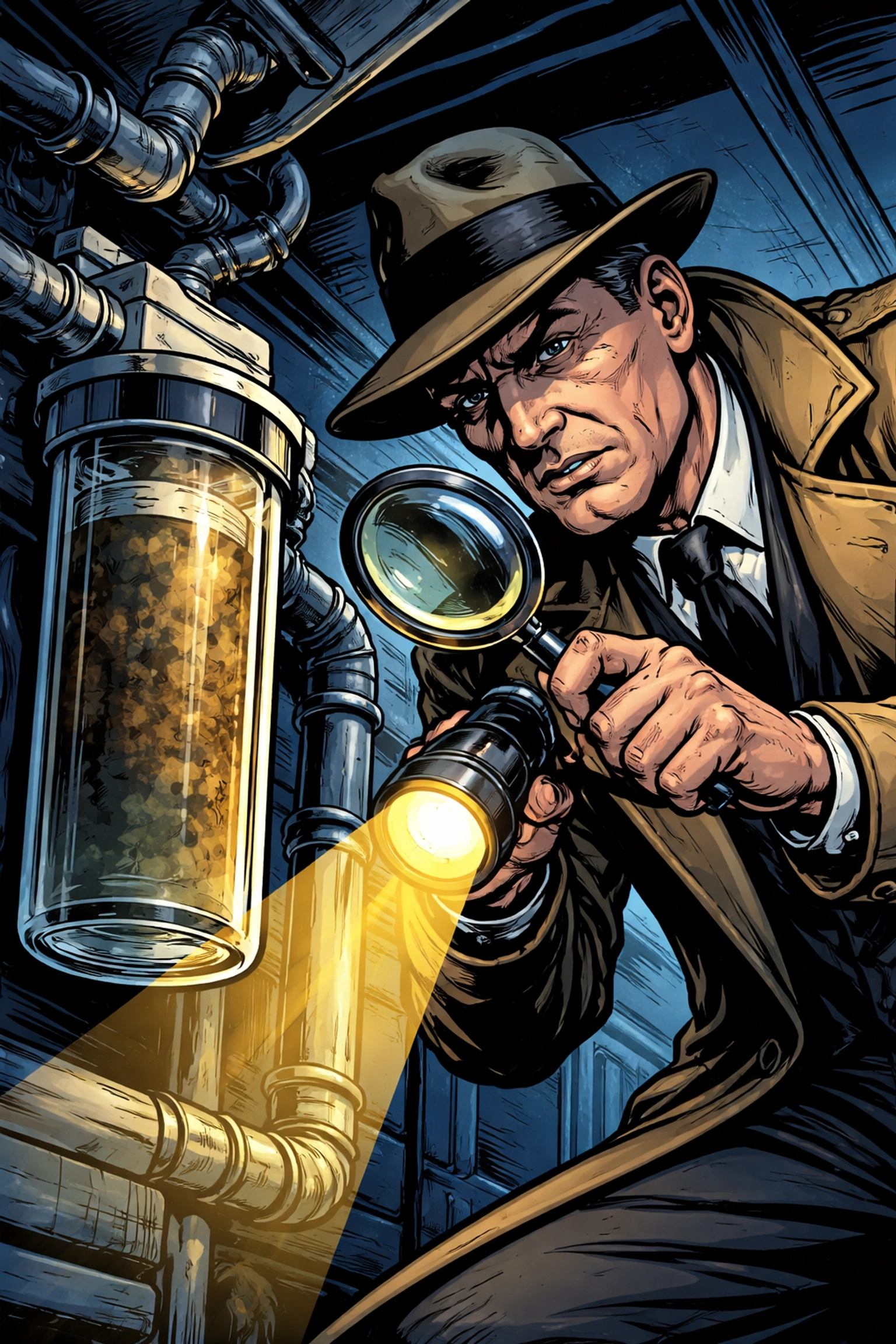 Comic-style detective examining an RV water filter housing with a clogged cartridge to diagnose low flow