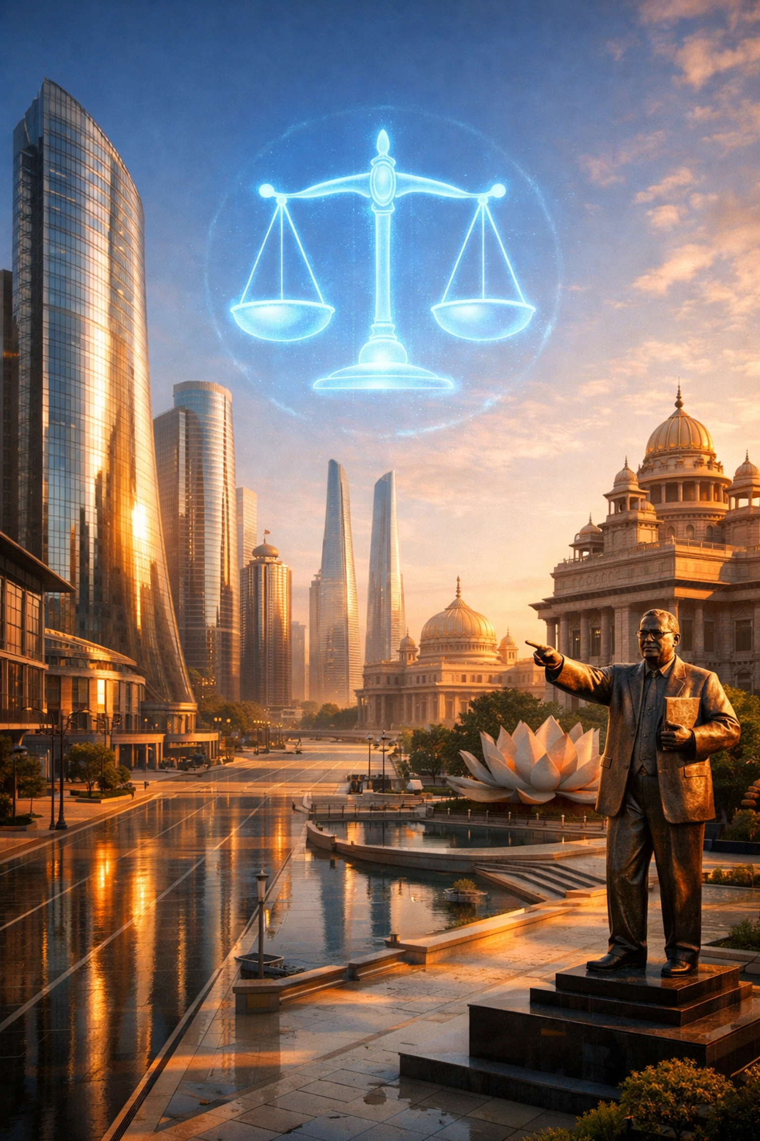 A futuristic Indian business district at sunrise symbolizing inclusive growth and economic justice.