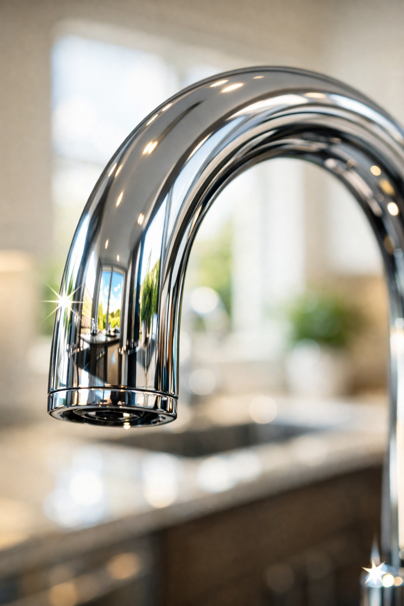 Close-up of a sparkling clean kitchen faucet after a weekly house cleaning Nanaimo BC.