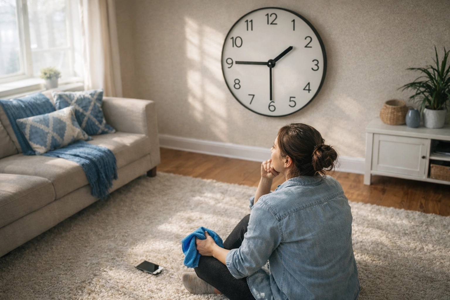 Tired homeowner checking the time while cleaning, highlighting the benefit of house cleaning services in Nanaimo.