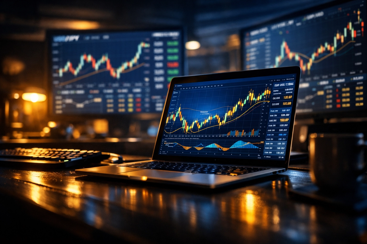 Professional forex trading desk setup with live charts and multiple monitors