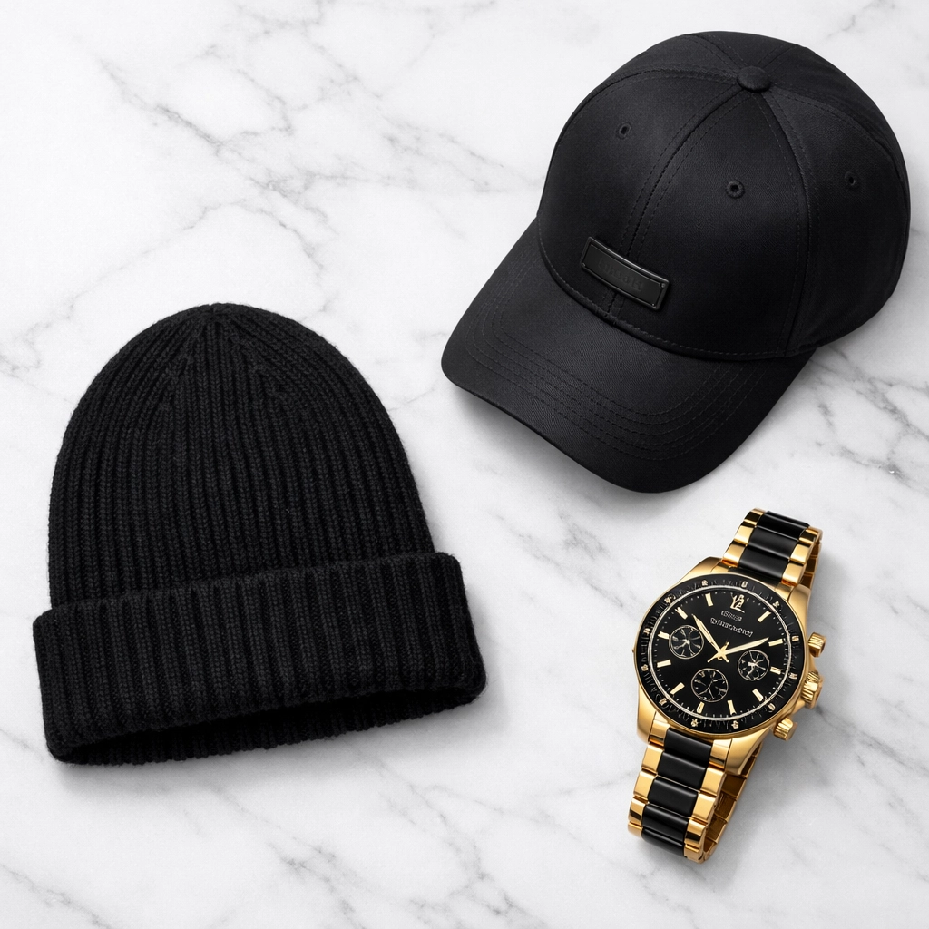 Premium fashion accessories including a beanie and baseball cap from The Black Wall Streets marketplace.
