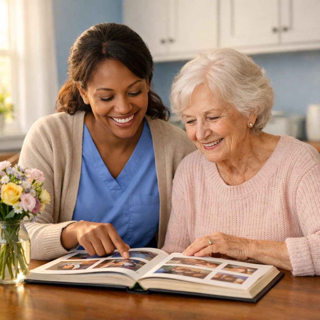 Caregiver sharing photo memories with senior client in Fauquier County home