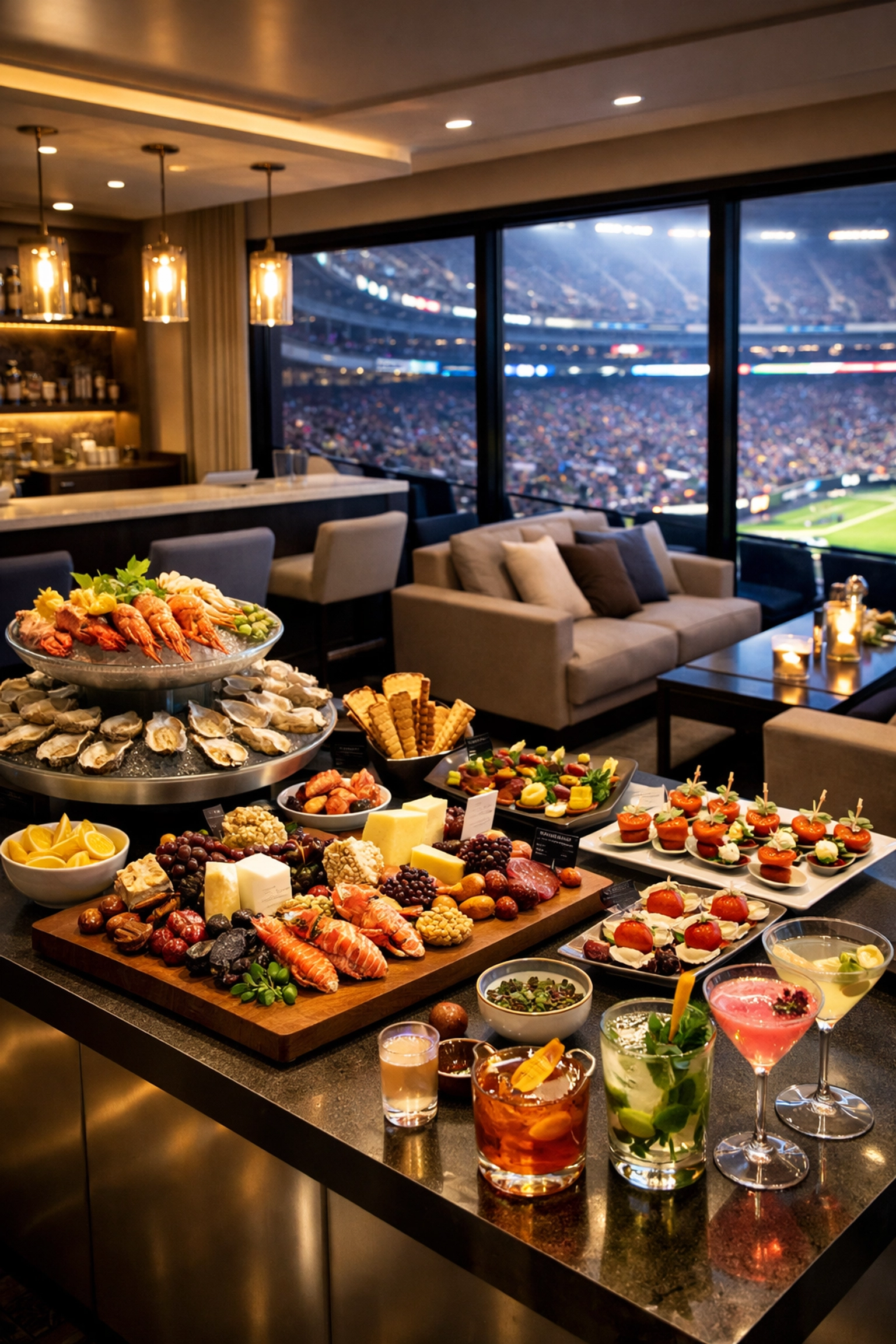 The Ultimate Executive Guide to Super Bowl Logistics and Branding Premium catering display in executive stadium suite with gourmet appetizers and cocktails
