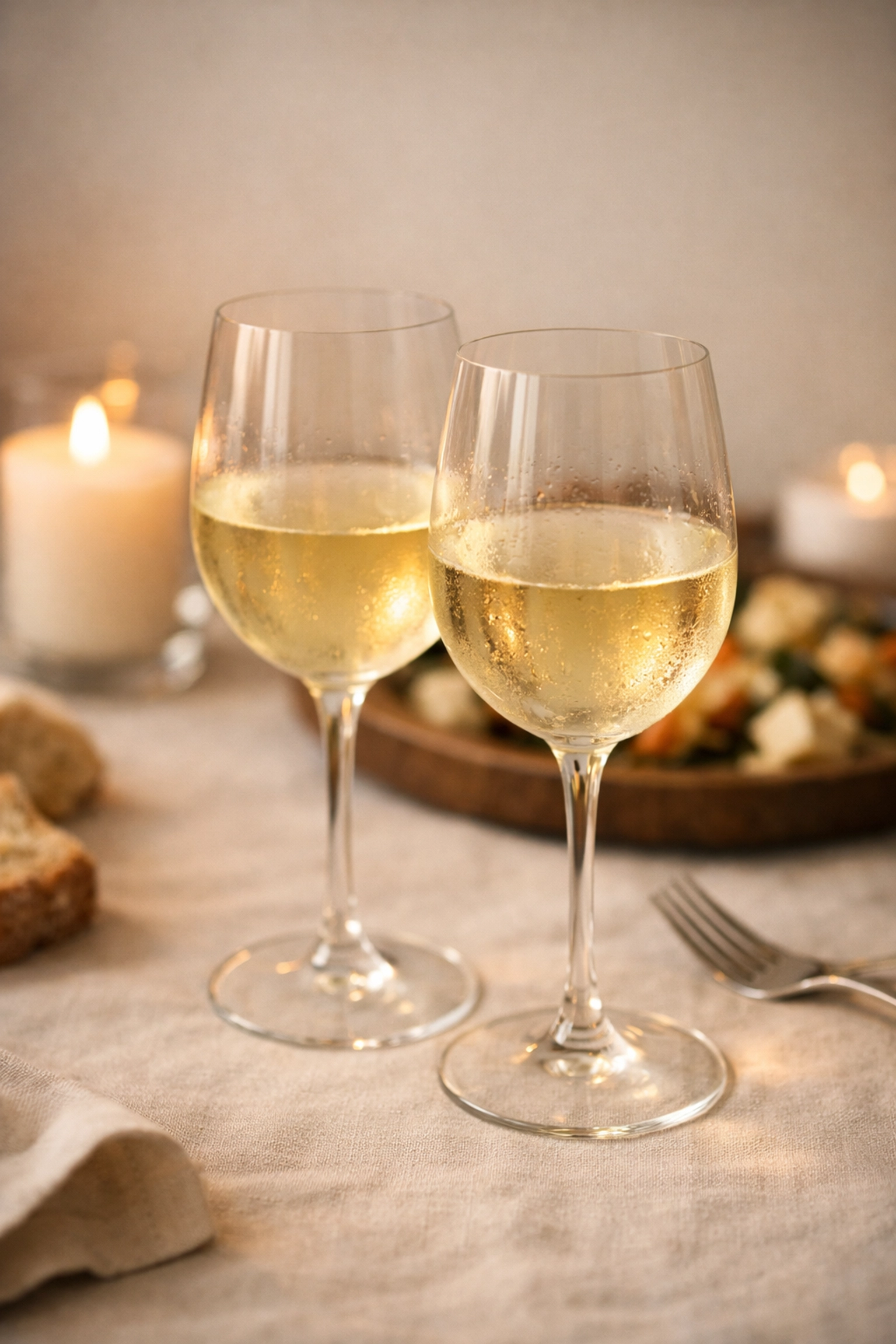 Two glasses of white wine at a candlelit dinner, representing the shared experience of boutique wine.