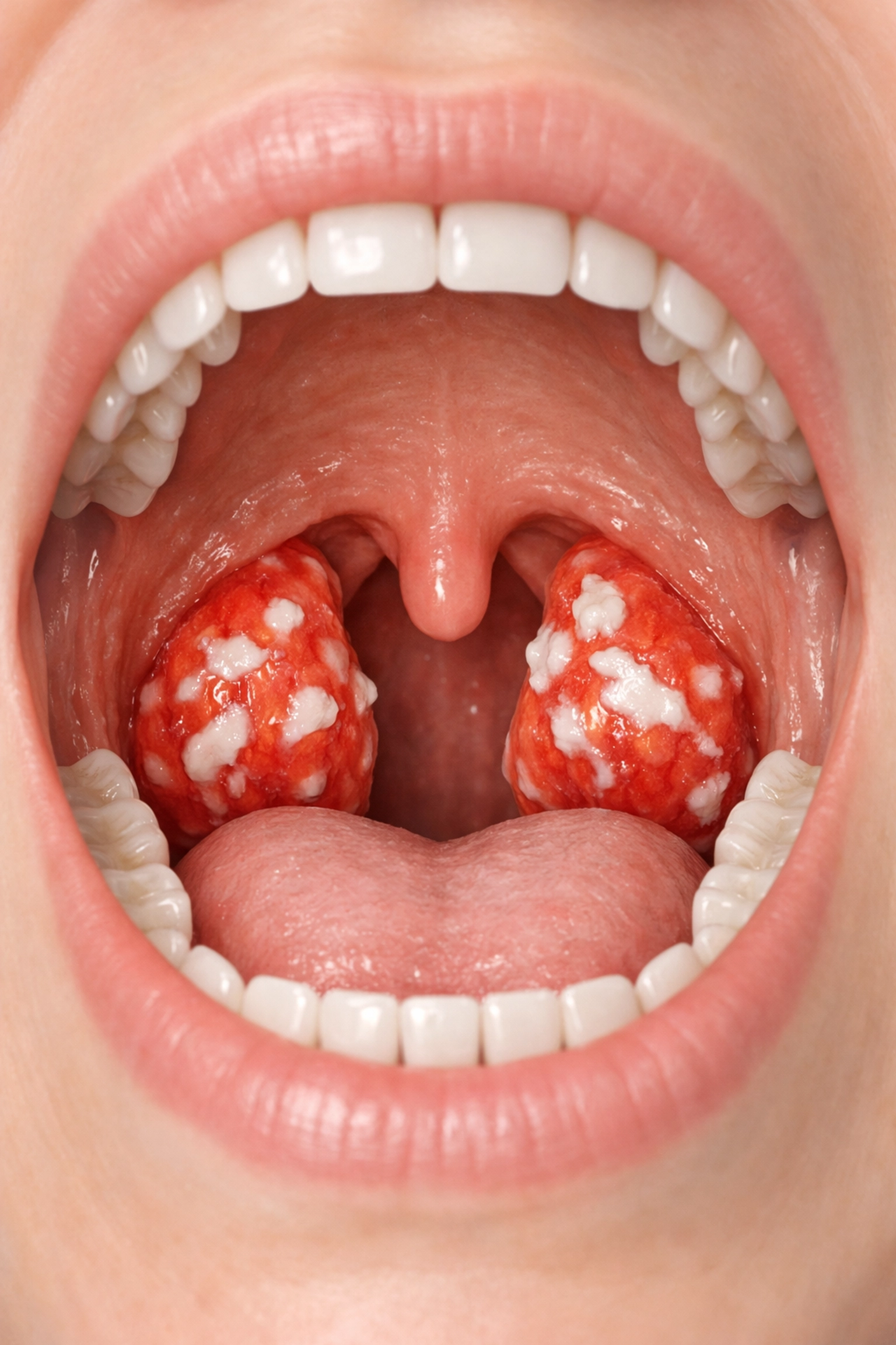 Inflamed red tonsils with white patches indicating strep throat bacterial infection