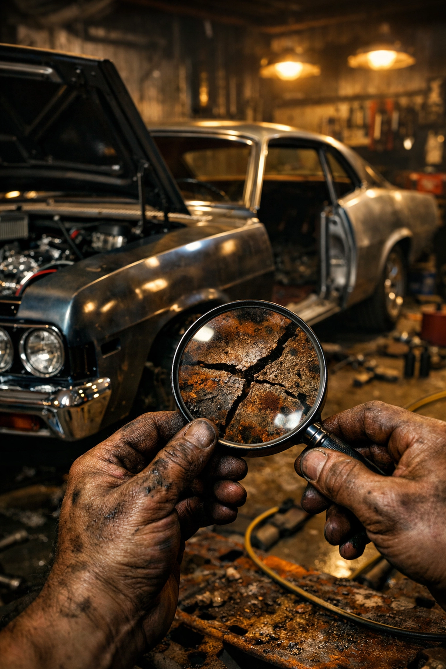 Inspecting hidden rust and structural damage on a vintage car chassis during restoration.