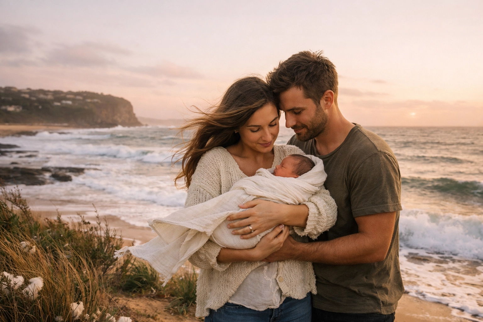 Parents holding their newborn baby during a sunset beach photoshoot on the Northern Beaches shoreline.