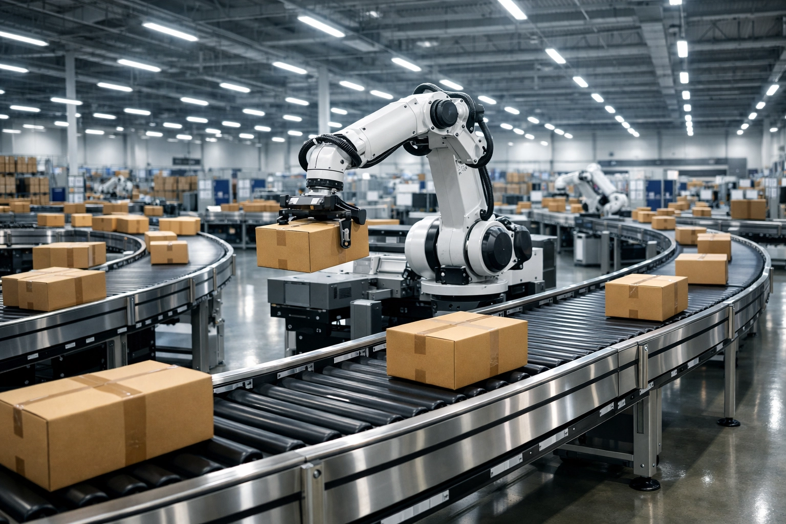 Automated ecommerce fulfillment solutions featuring high-speed conveyors and robotic sorting for zero-backlog orders.