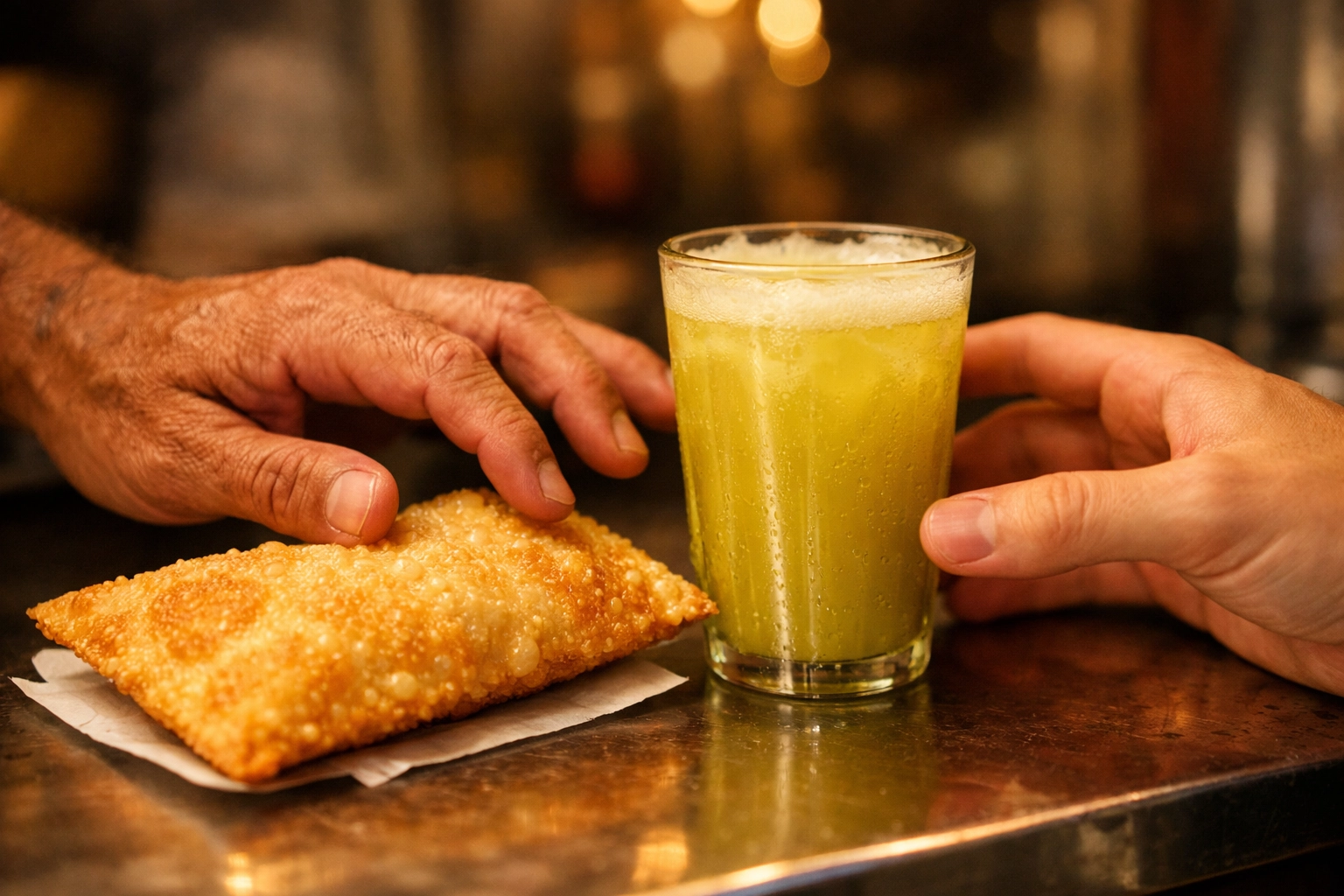 Hands touching near Brazilian pastel and sugarcane juice in a slow-burn gay romance story.