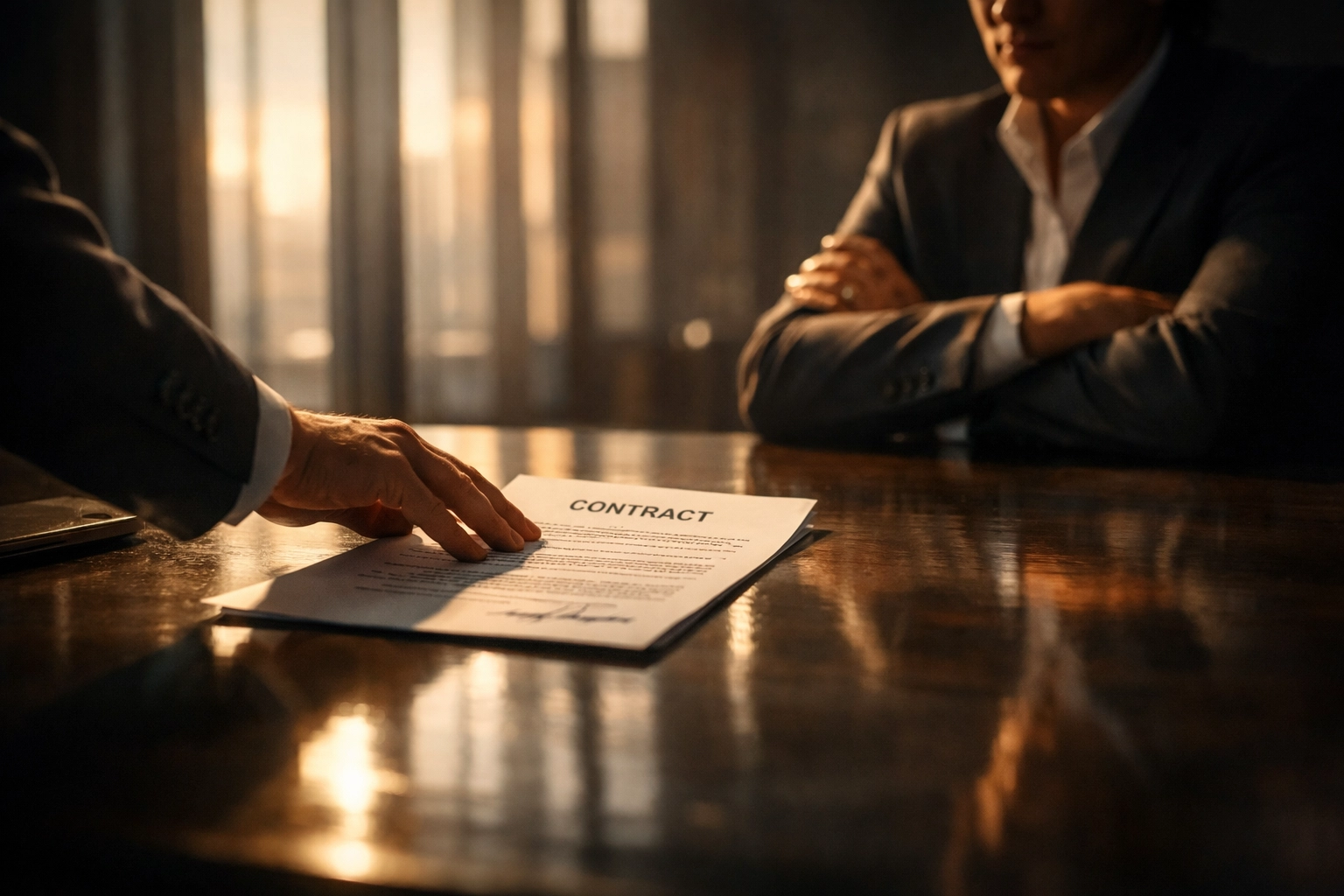 Business professionals negotiating contract terms across conference table showing power imbalance