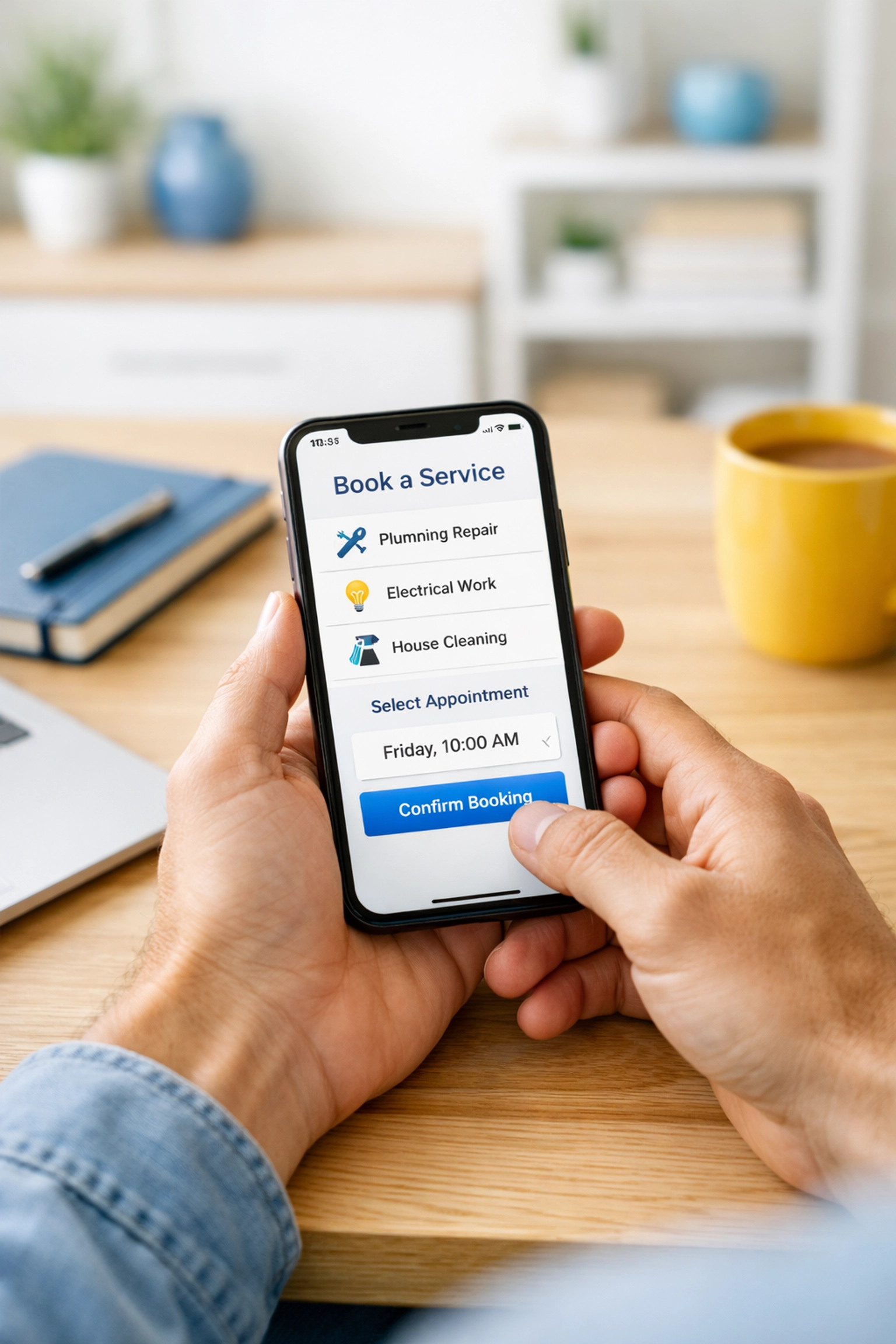 Homeowner using a smartphone to easily book professional house cleaning services MA from a tidy home office.