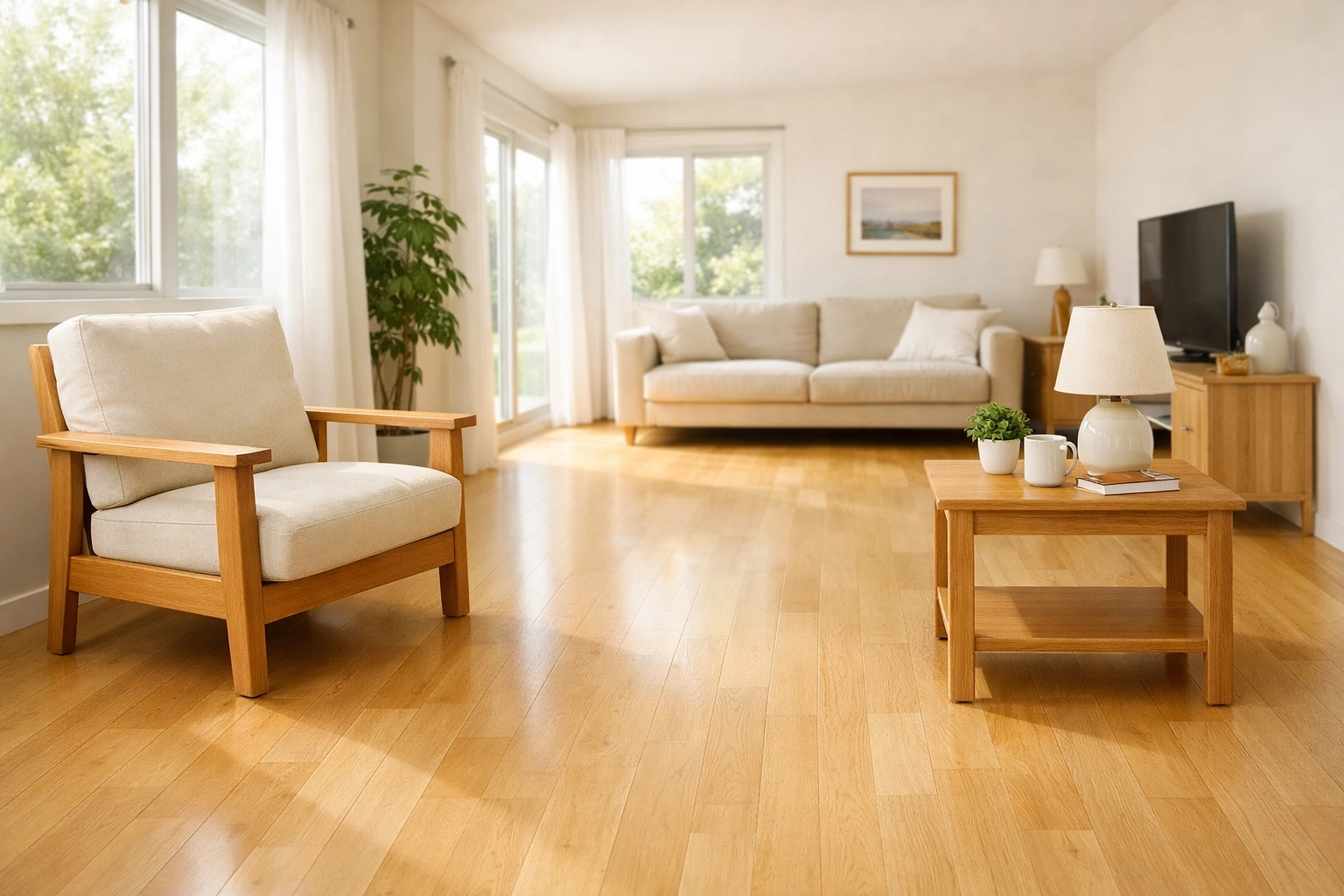 Safe living room for seniors with a clear walking path and a sturdy armchair with armrests.