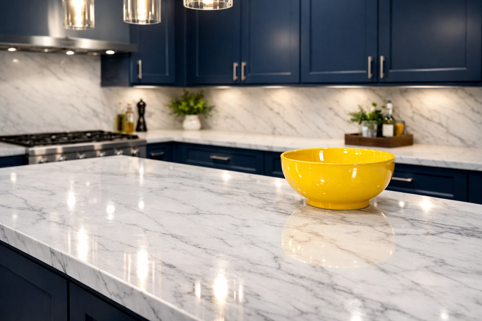 Sparkling marble kitchen island and blue cabinetry showing the thorough results of a Marlborough deep cleaning.