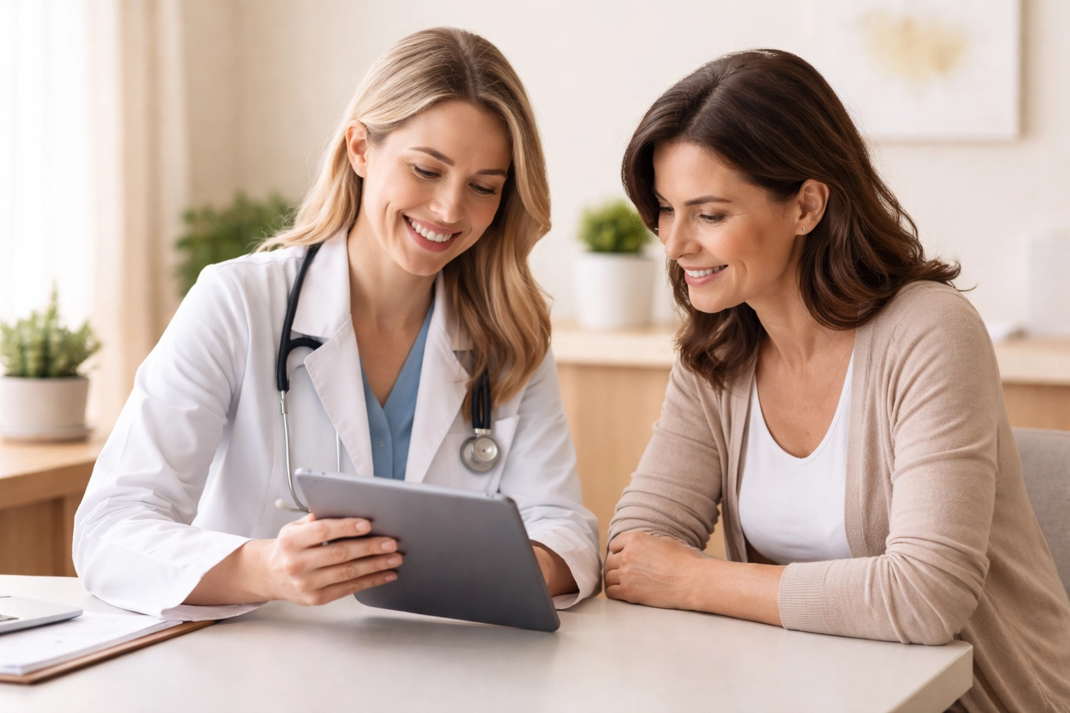 Medical provider and female patient reviewing hormone lab results, symbolizing personalized menopause relief with BHRT.