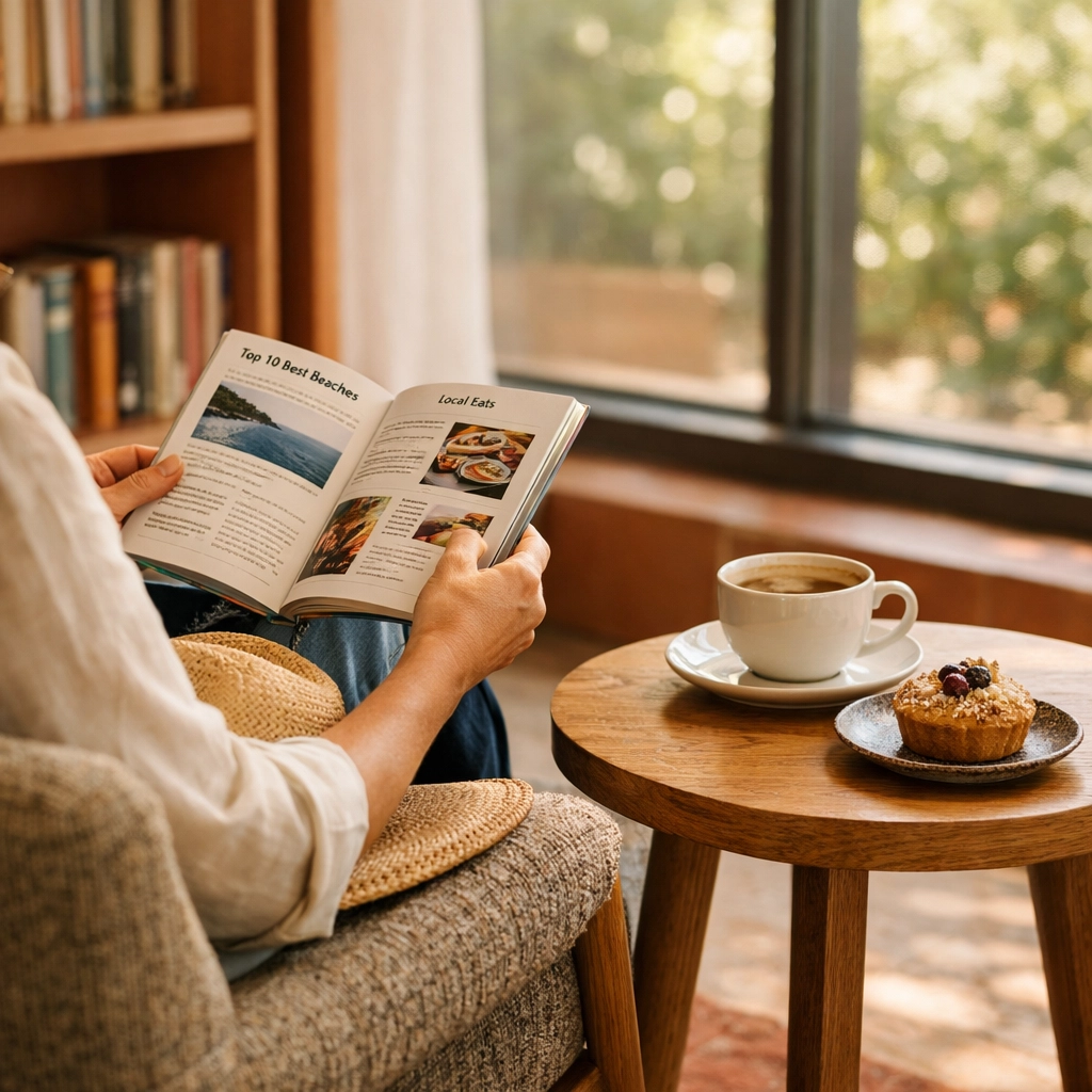 Modern boutique hotel guest persona relaxing in a lounge with curated local travel amenities.
