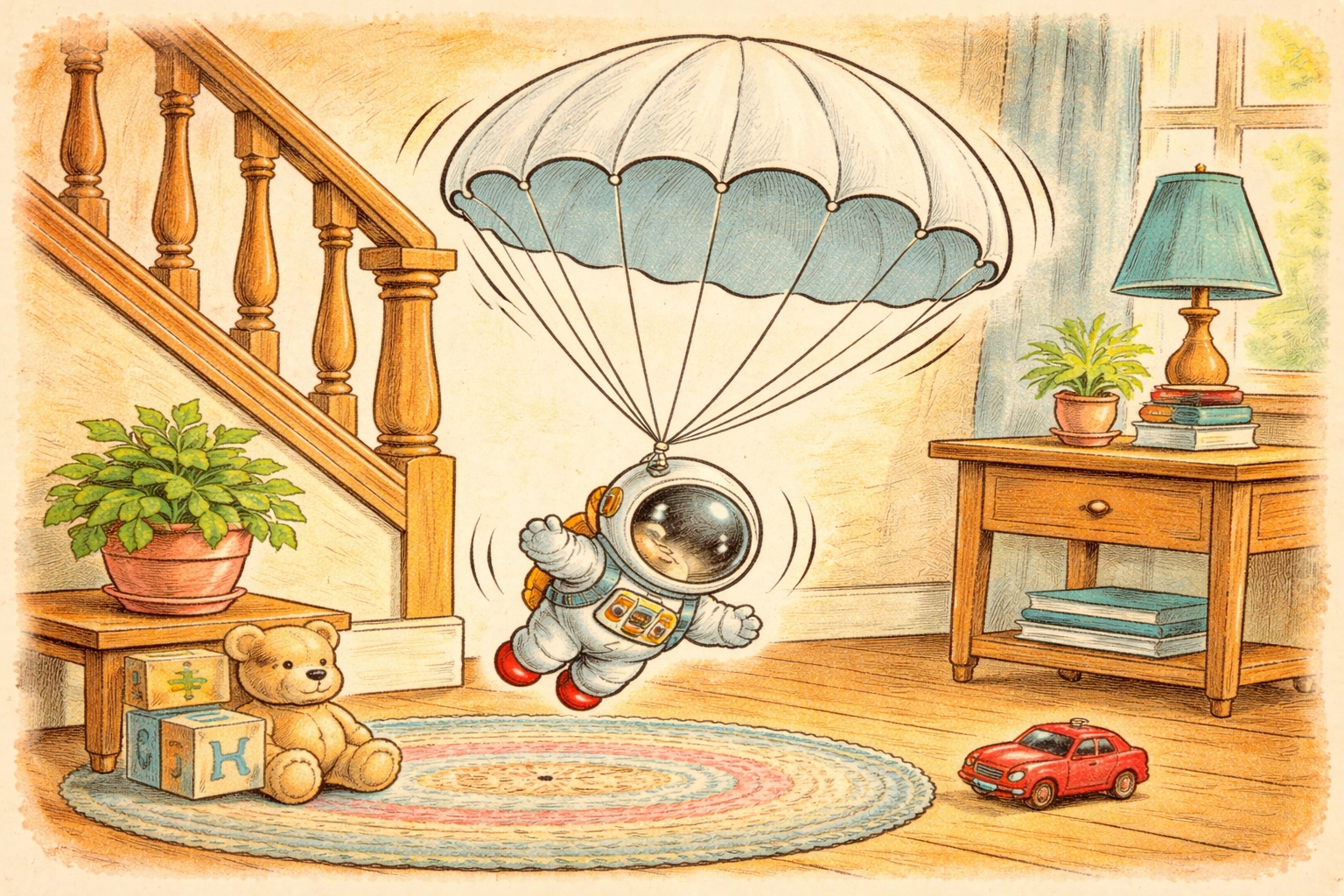 Toy parachute carrying a small astronaut figure floating indoors, illustrating a fun kids STEM activity