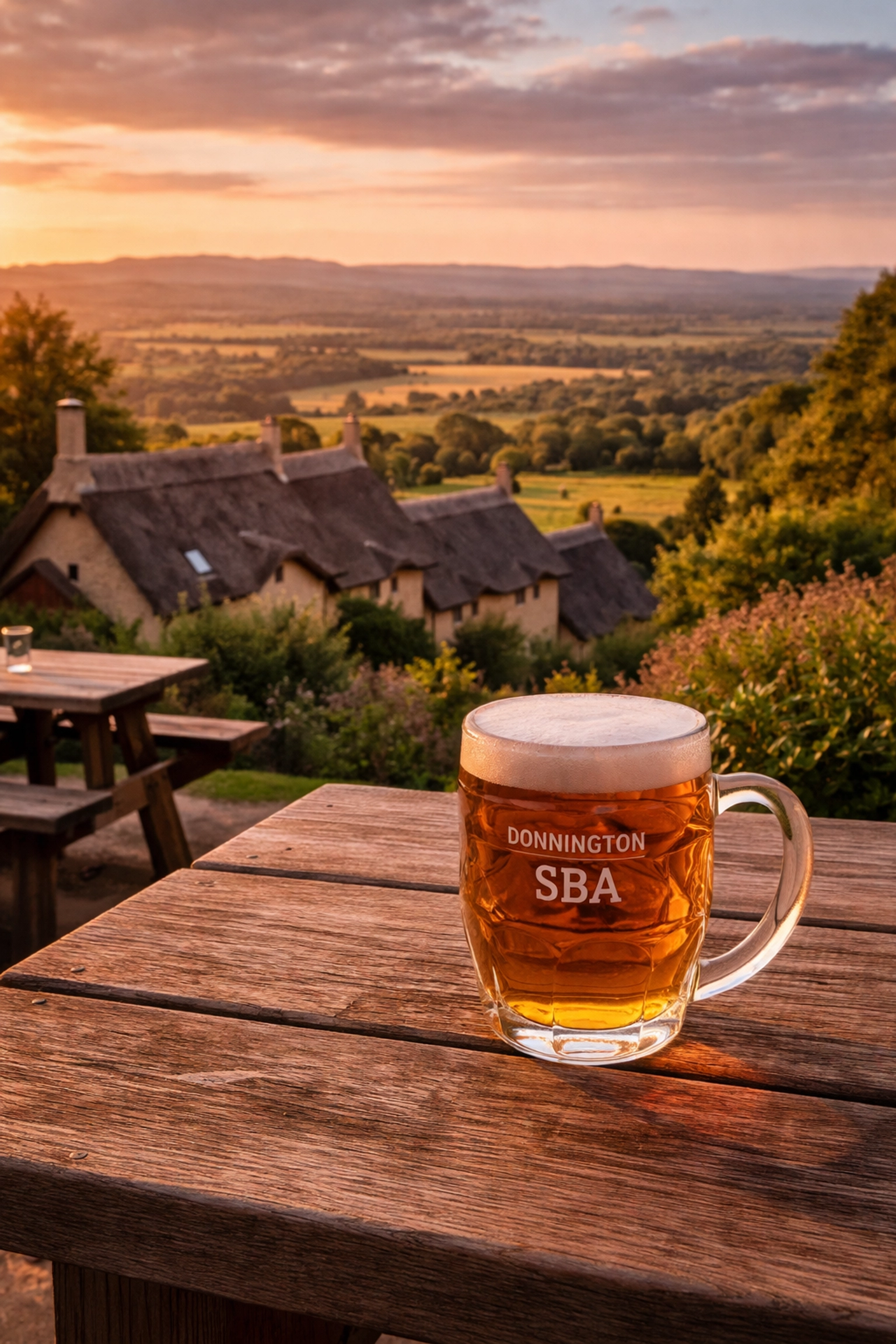 Golden Donnington ale on a table in Mount Inn beer garden overlooking Vale of Evesham at sunset, Stanton Cotswolds scenic pint
