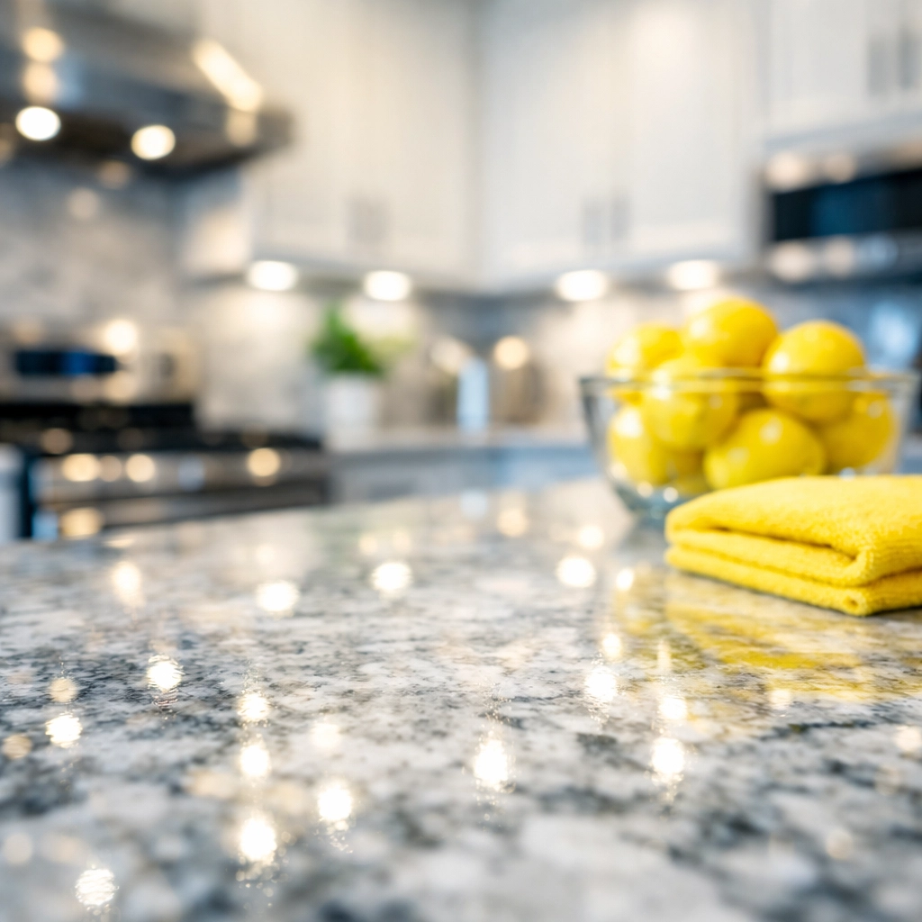 Expert deep cleaning of a luxury marble kitchen countertop and stainless steel appliances in Lincoln, MA.