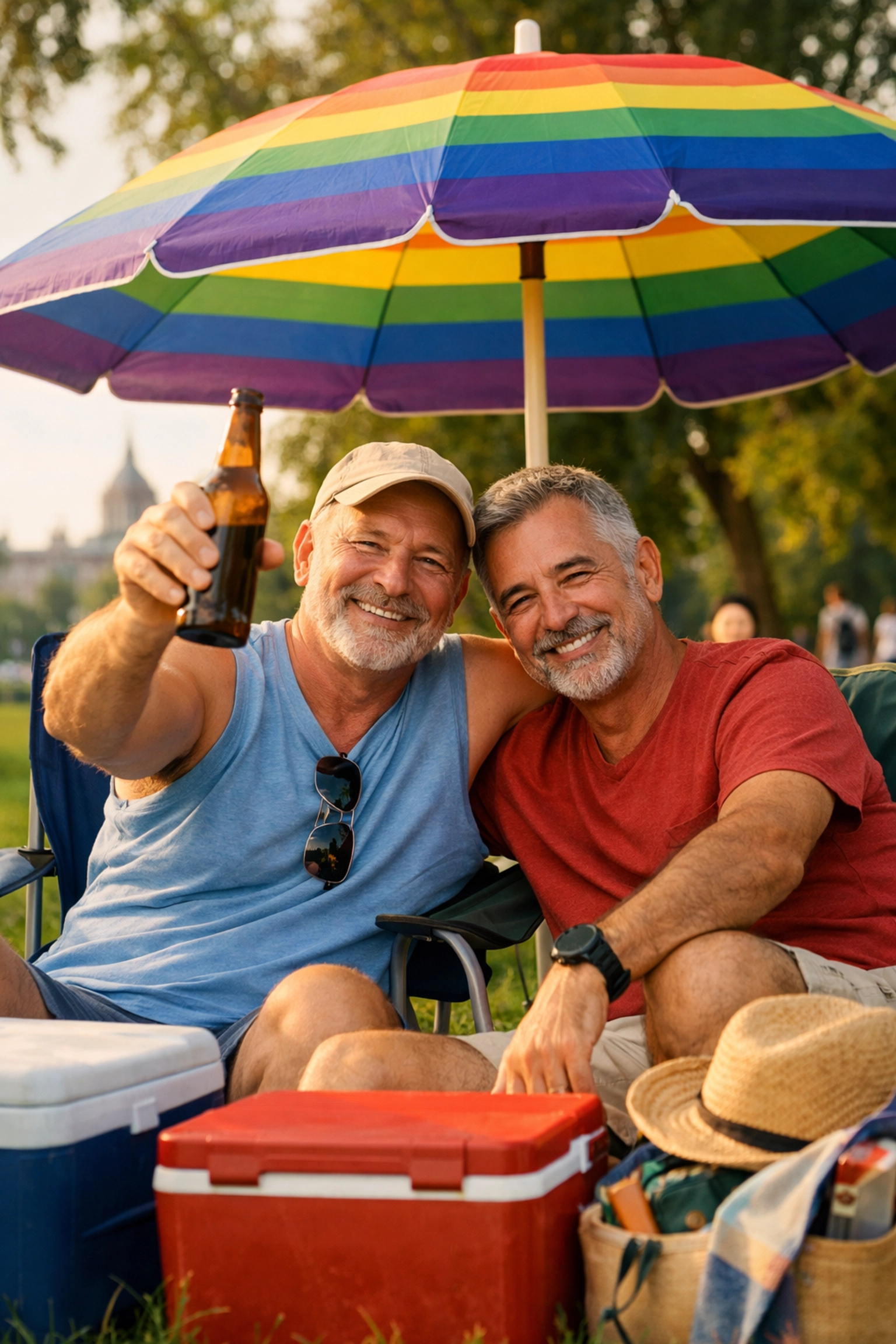 Gay couple relaxing under rainbow umbrella in Budapest public park