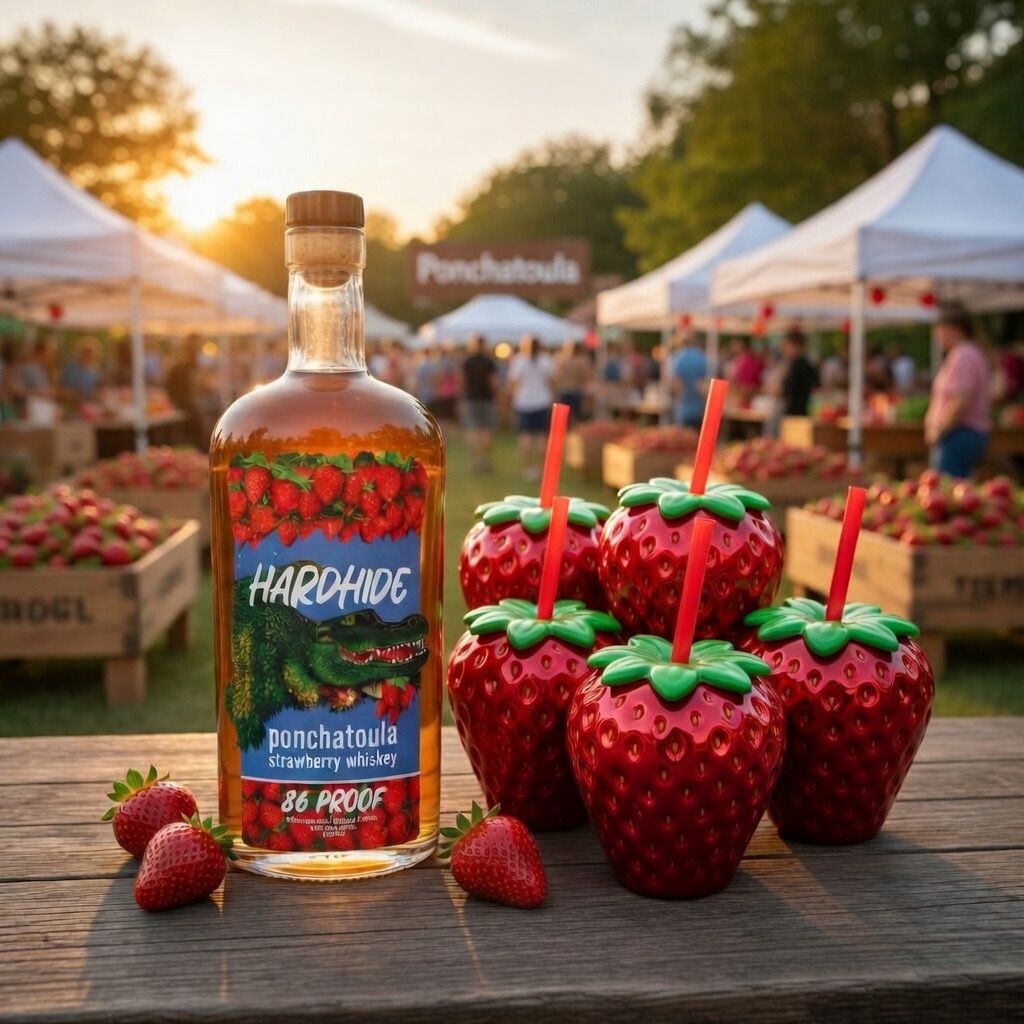 Hardhide Whiskeys lifestyle photo—bottle at the farmers market.