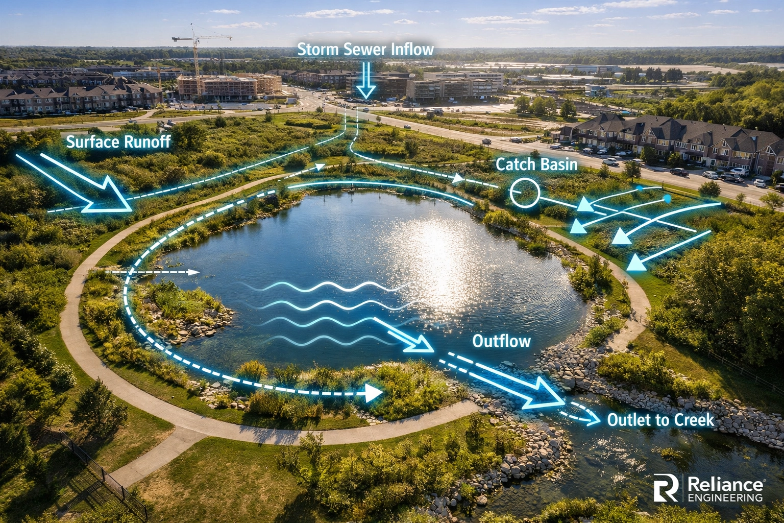 Ontario stormwater management detention pond with technical drainage design overlays.