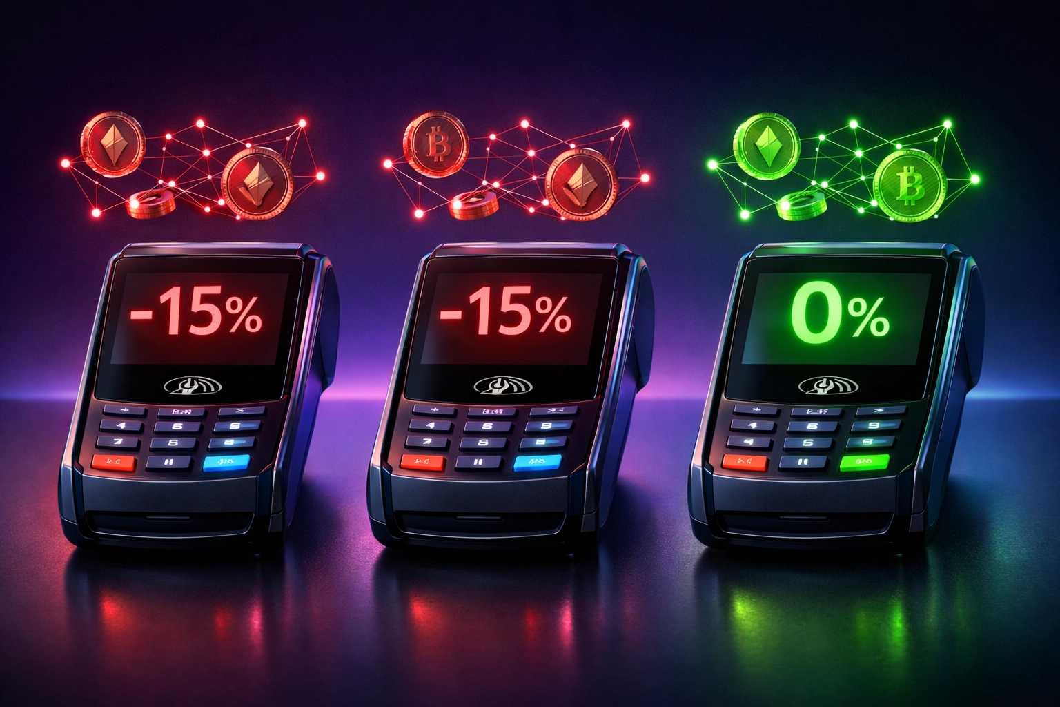 Crypto payment terminal comparison showing NOWPayments and CoinPayments fees vs Larecoin zero fees