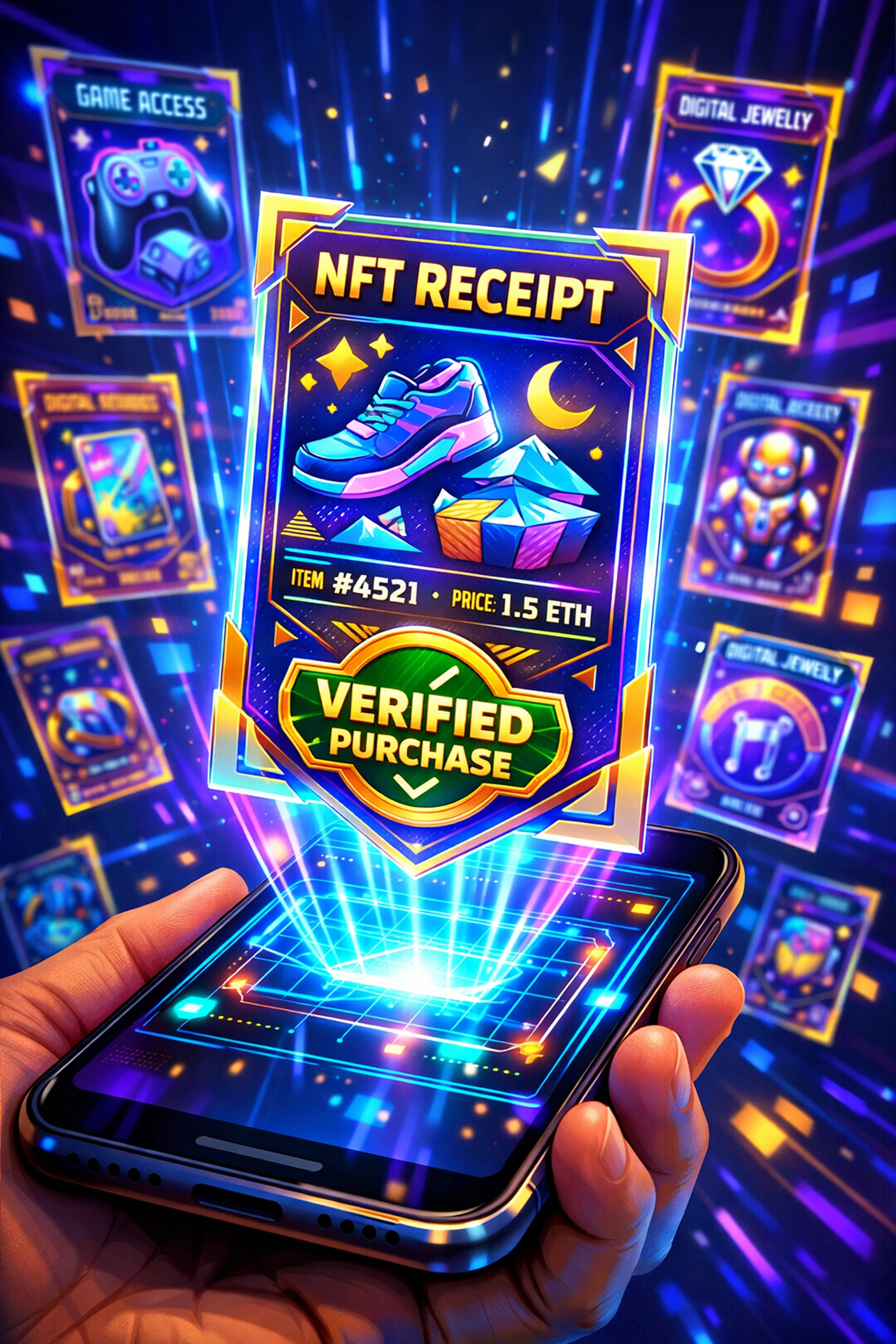 NFT receipt on smartphone showing verified blockchain purchase for customer loyalty program