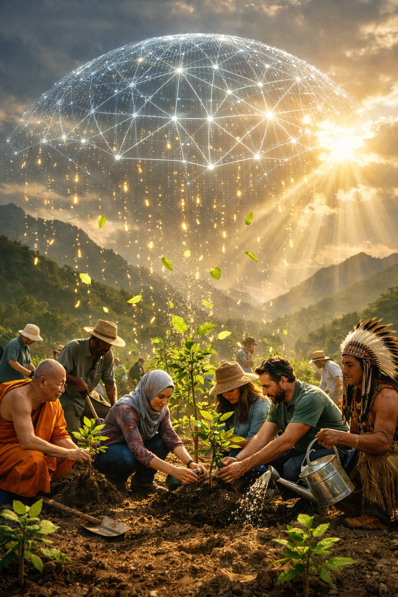 Global community planting trees under a blockchain lattice representing Larecoin social impact projects.