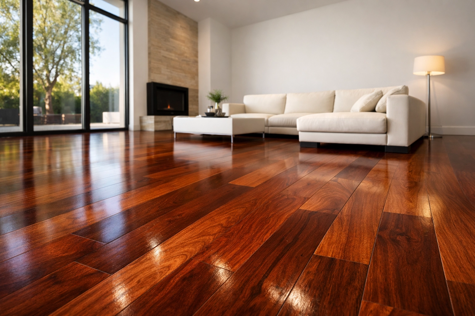 Exotic Brazilian Cherry hardwood floor installation in a modern Chicago home with luxury interior design.