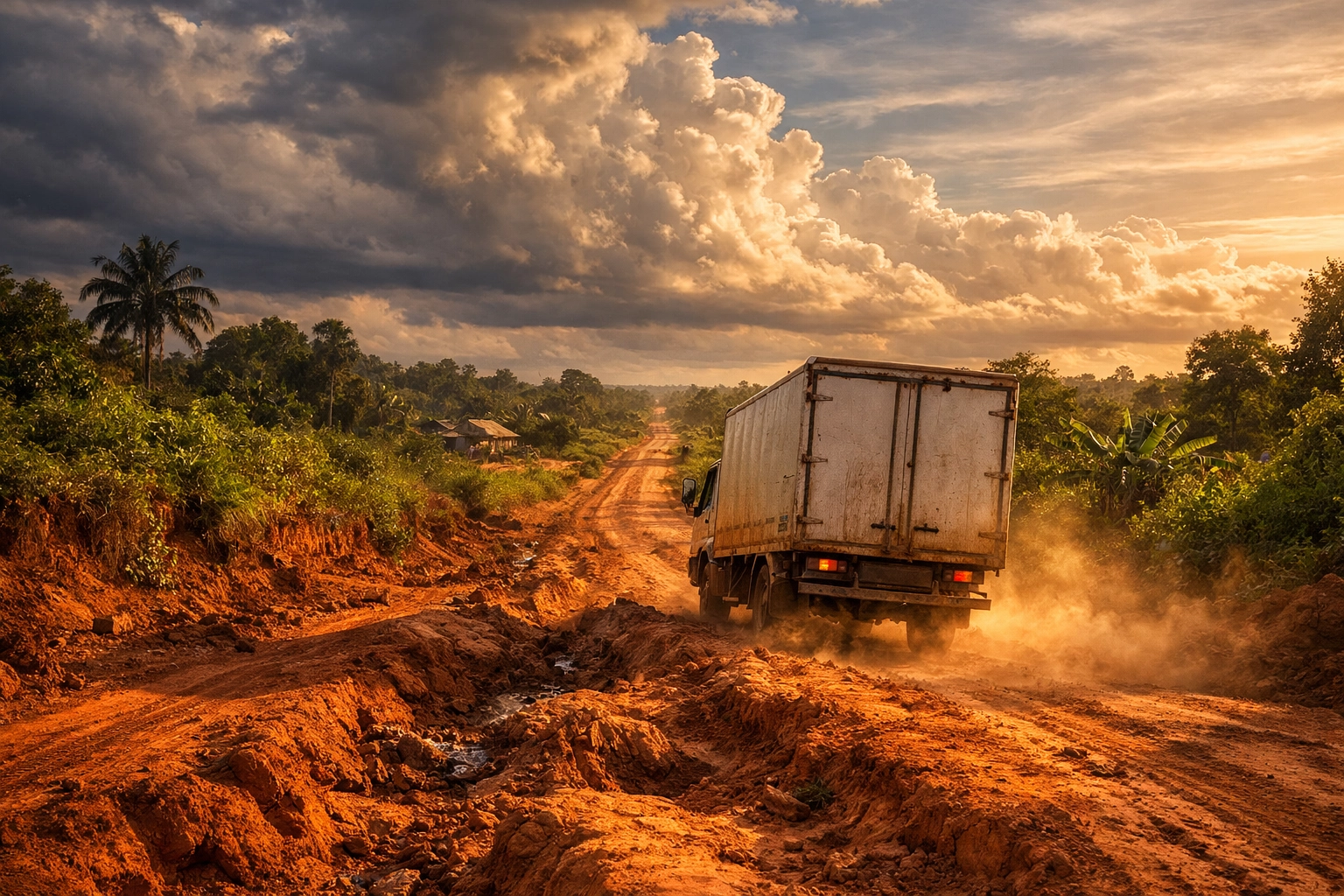 Delivery truck navigating rural Nigerian road for last-mile logistics in West Africa