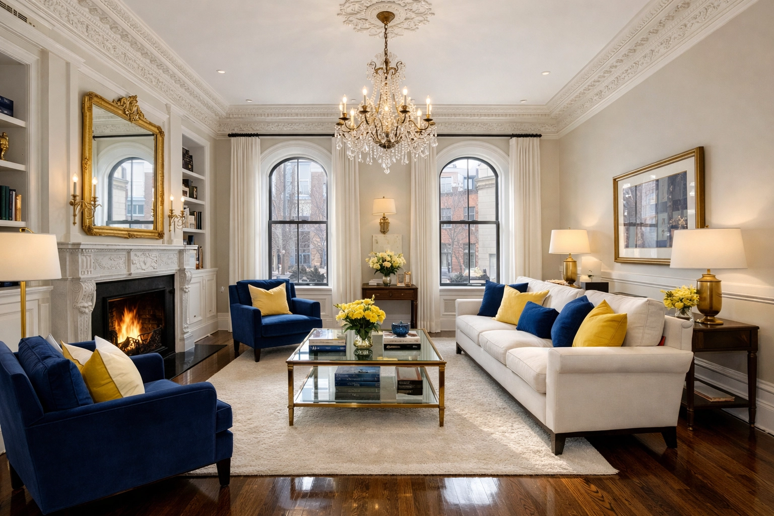 Professional cleaners MA maintain a luxury Beacon Hill brownstone living room with historic crown molding.