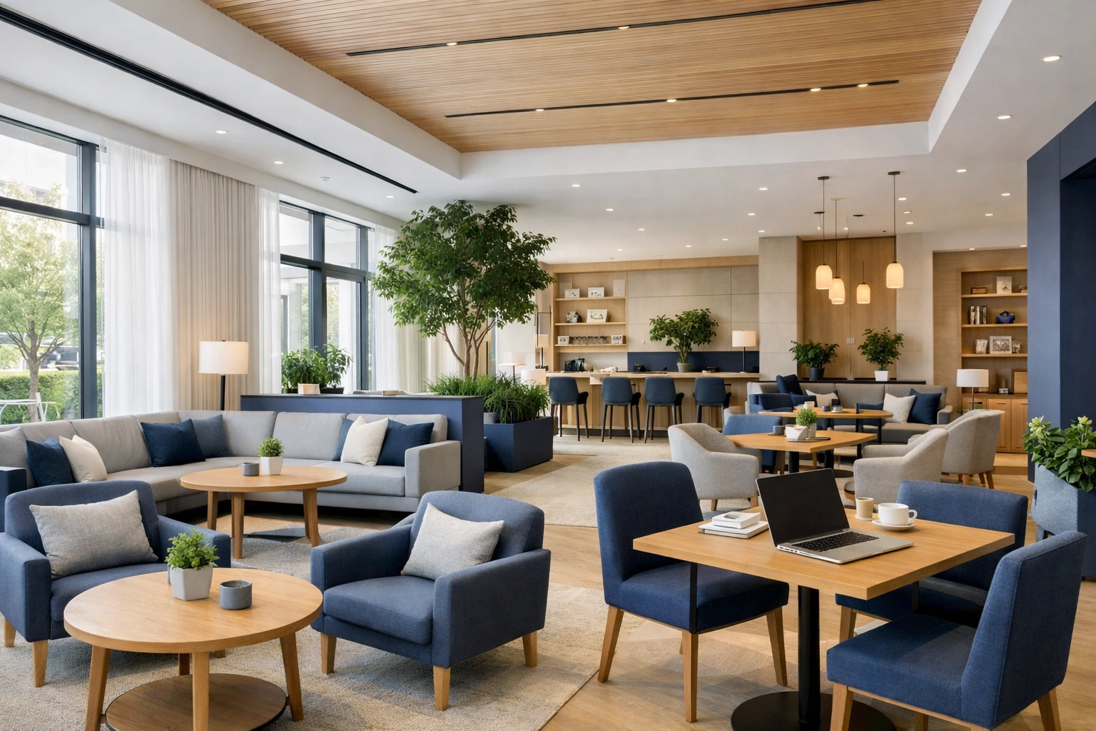 Modern hotel lounge and co-working space designed to maximize ancillary revenue and guest value.