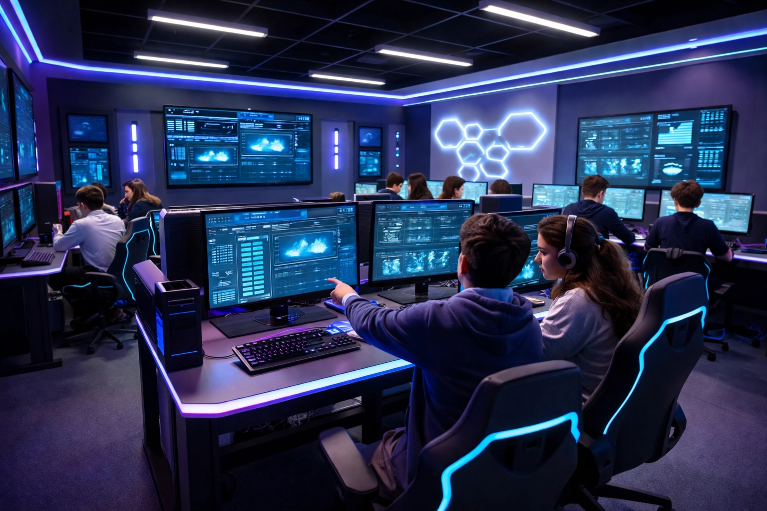 Modern high school esports pod with students collaborating at gaming stations and data dashboards