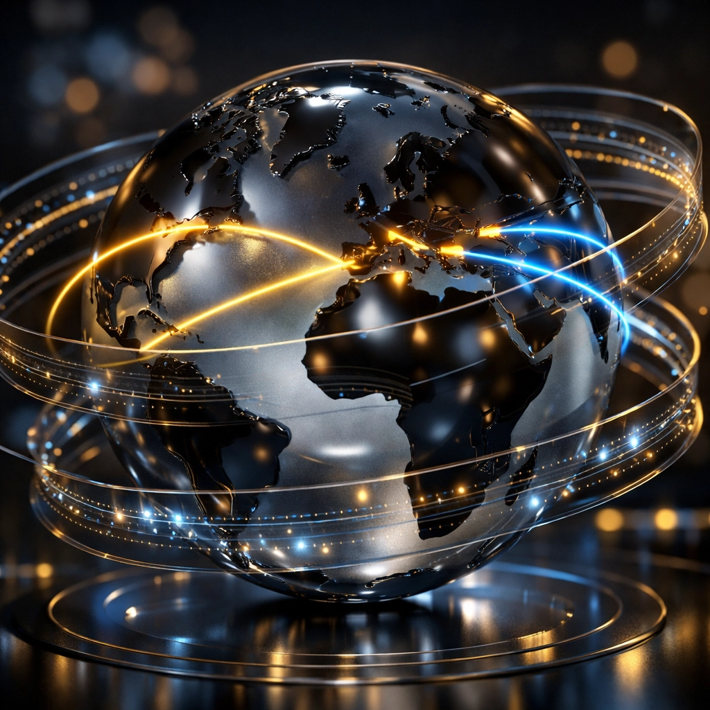 Glowing global map connecting international business hubs for efficient meeting scheduling.