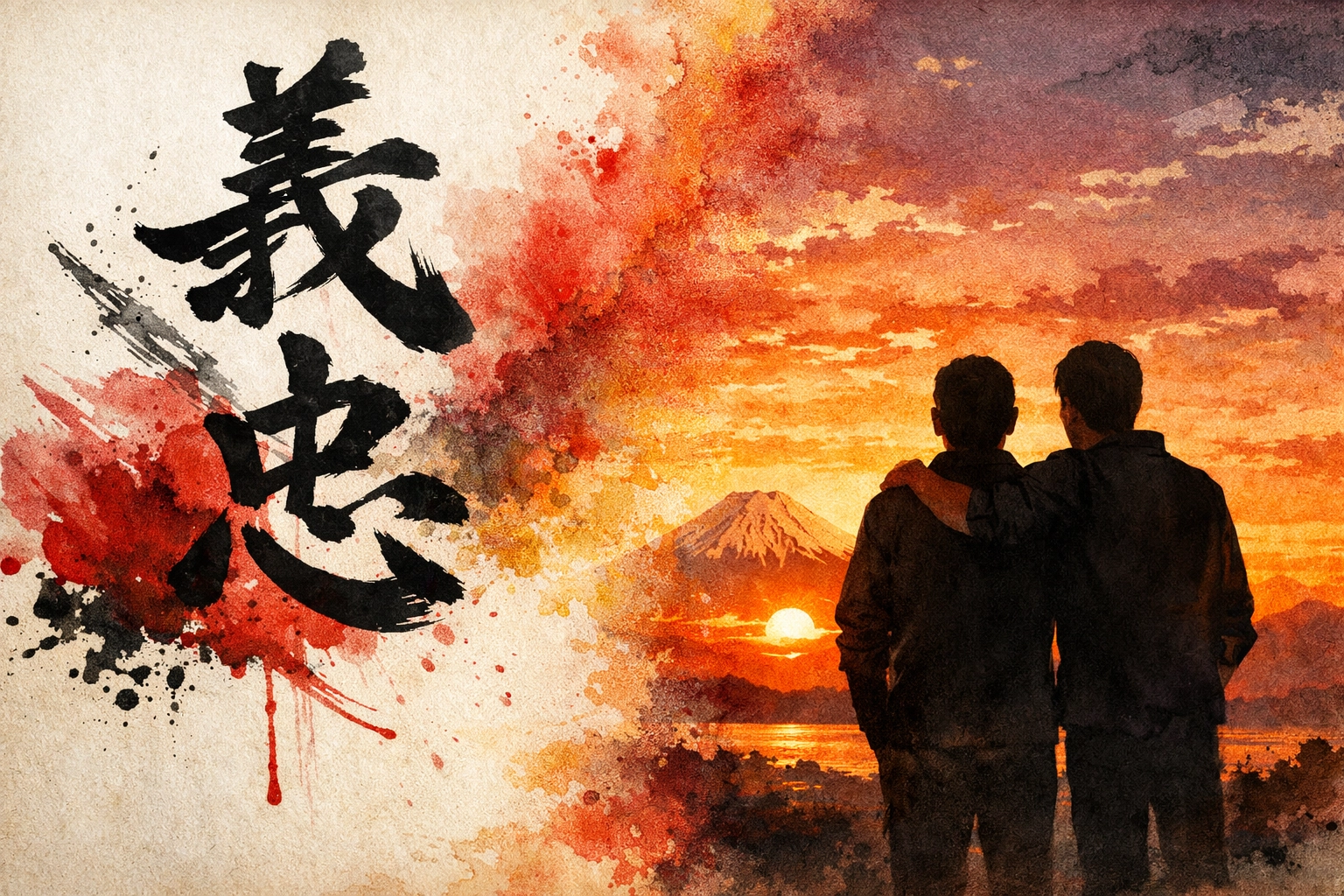 Japanese duty and devotion contrast with two male figures by Mount Fuji in MM romance narrative