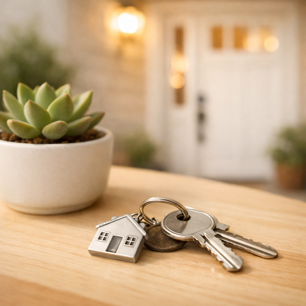 House keys on a table representing home ownership at Piney Woods community.