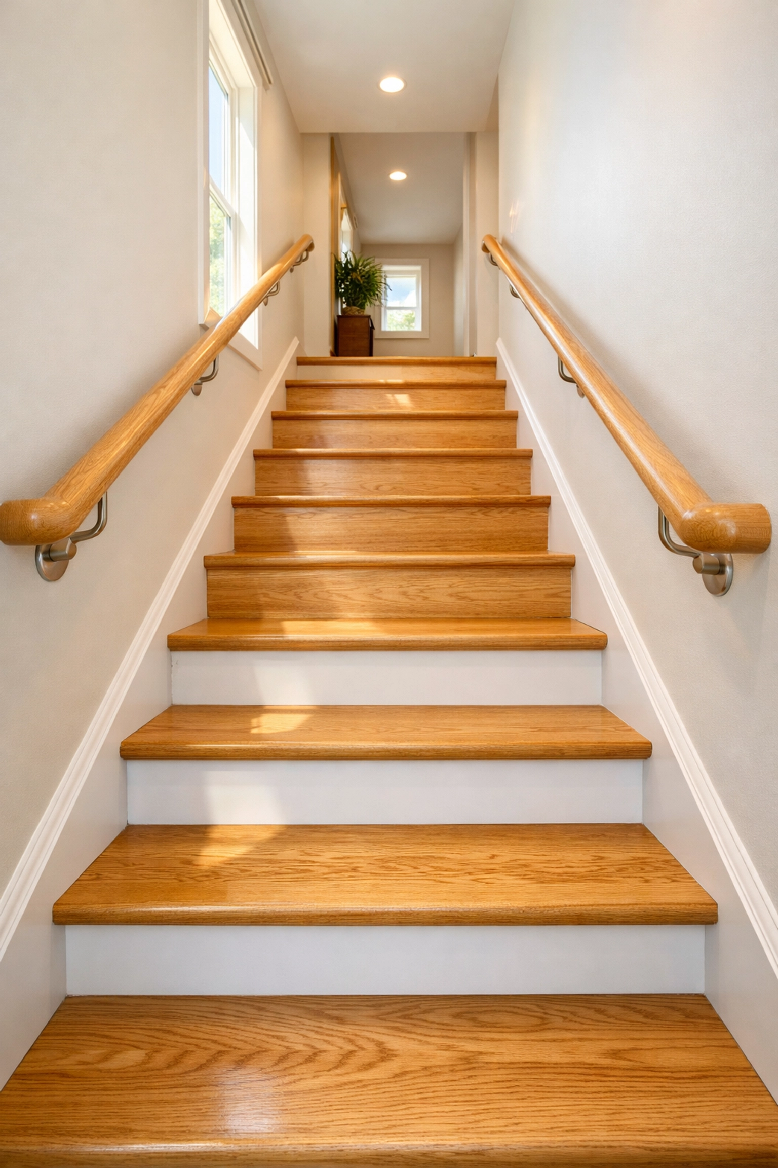 Modern wooden staircase with sturdy dual handrails and bright natural lighting for home safety.