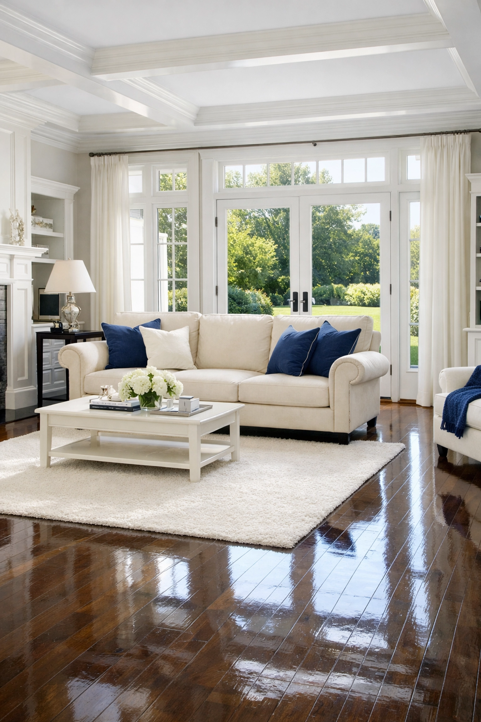 Clean Massachusetts living room with polished floors from expert residential cleaning in the Merrimack Valley.