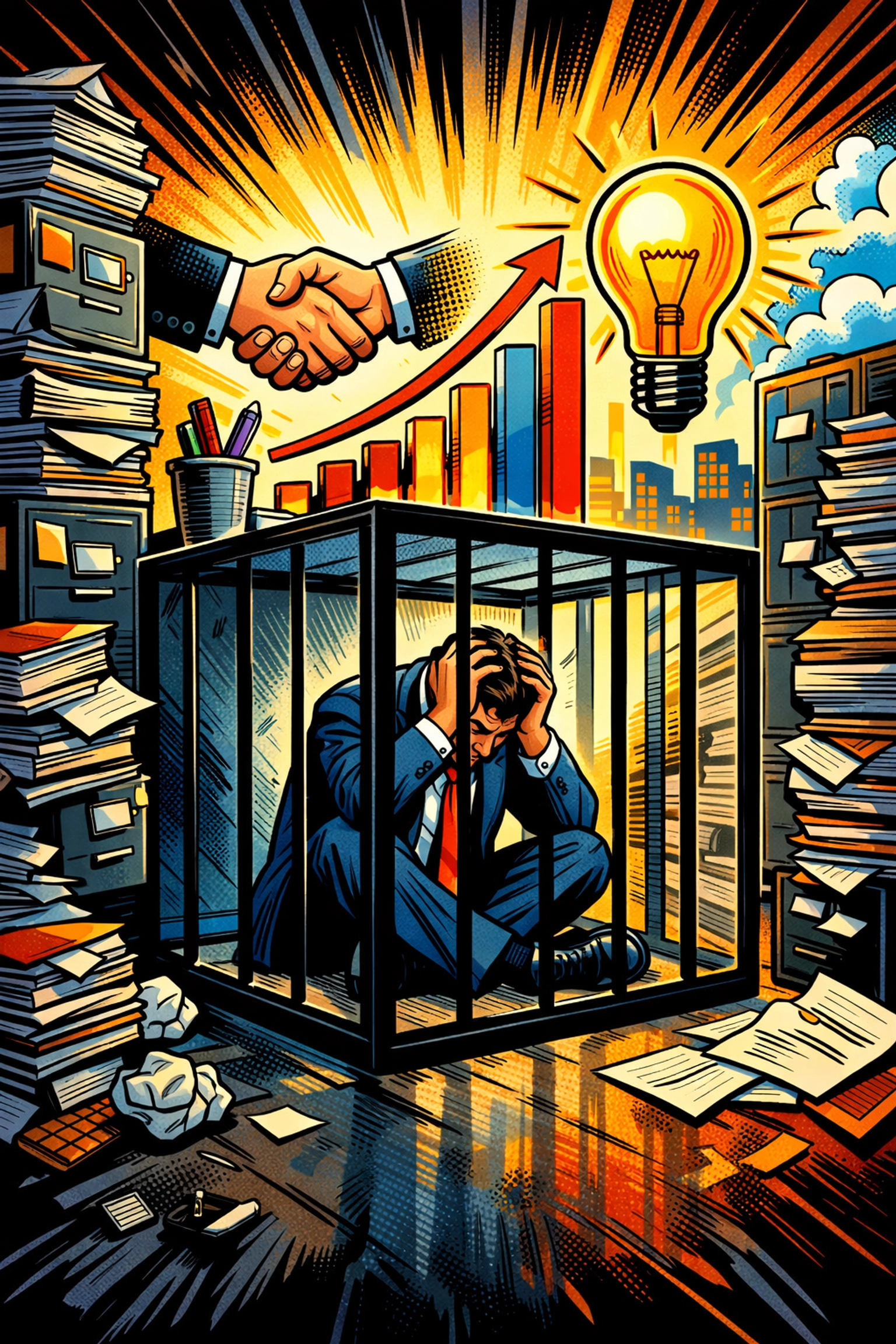 Business owner trapped by paperwork while growth opportunities wait outside