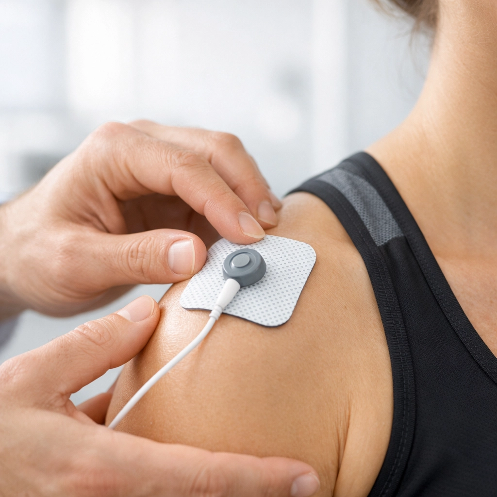 Close-up of a therapist applying an ARP Wave Therapy electrode to a patient's shoulder for non-invasive injury recovery.