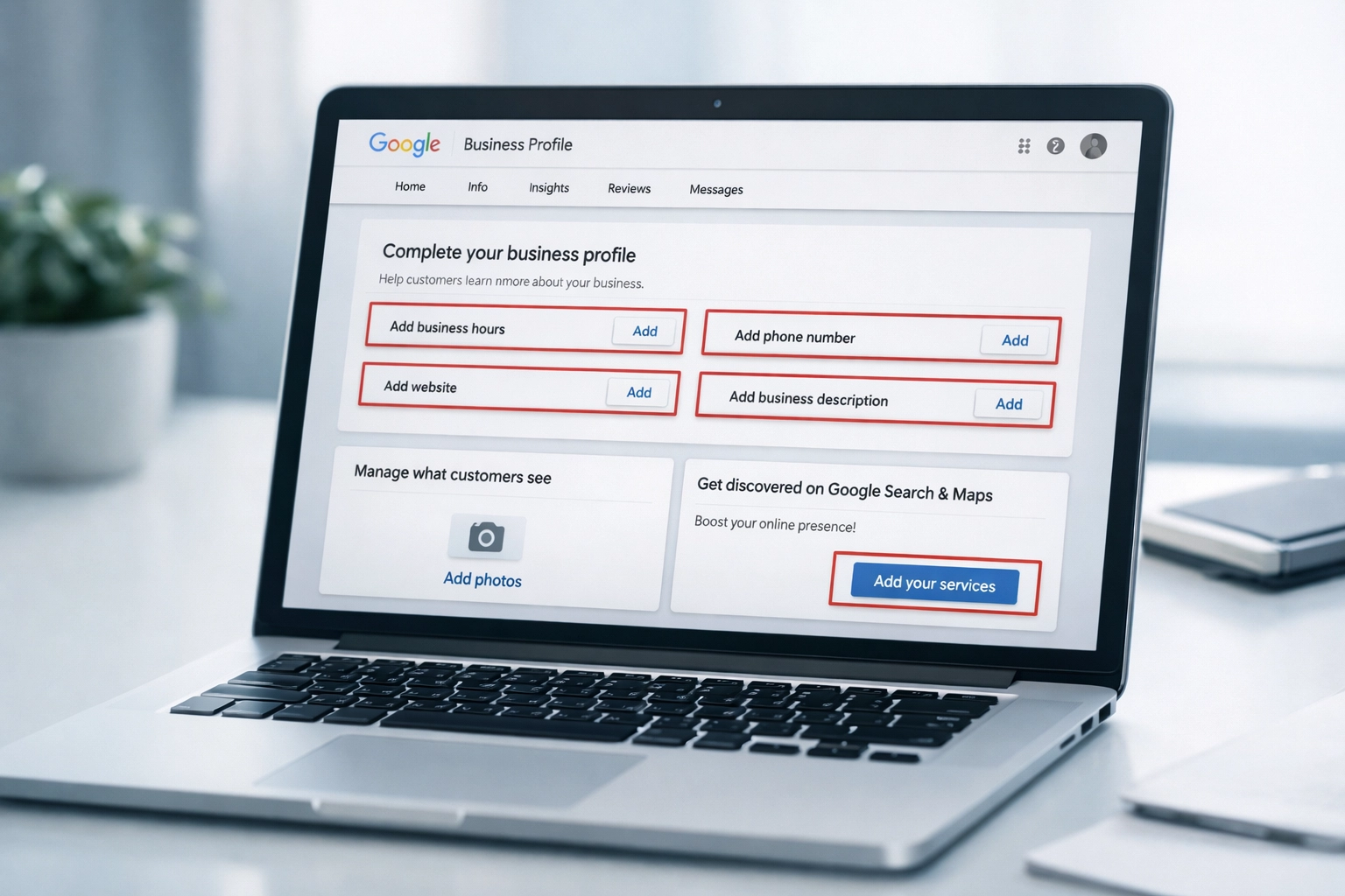 Google Business Profile dashboard showing incomplete profile fields on laptop screen