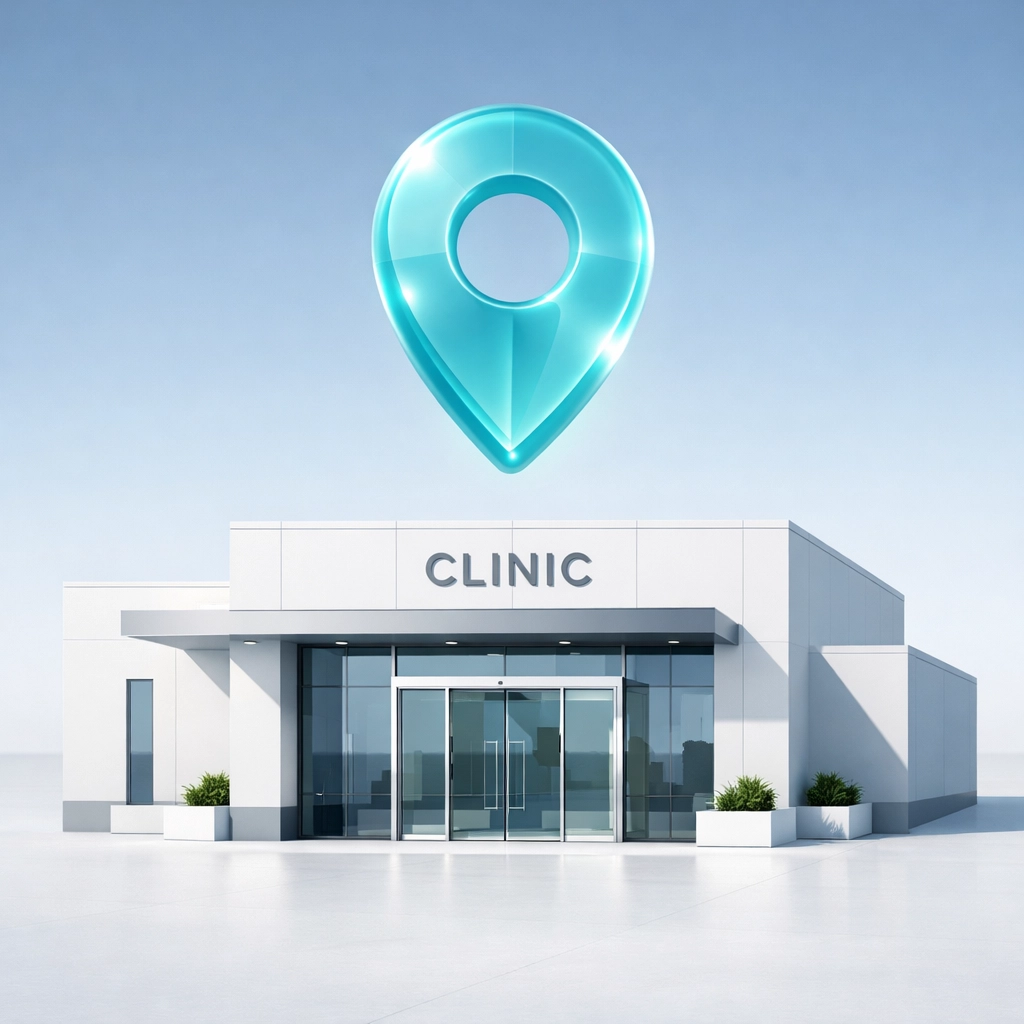 A location pin over a modern clinic representing Google Business Profile optimization for chiropractors.