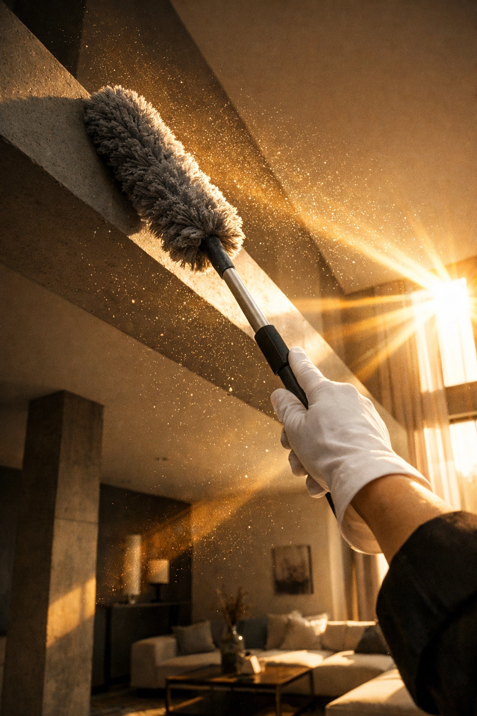 Professional top-to-bottom dusting technique using a microfiber cloth on a high architectural ledge.