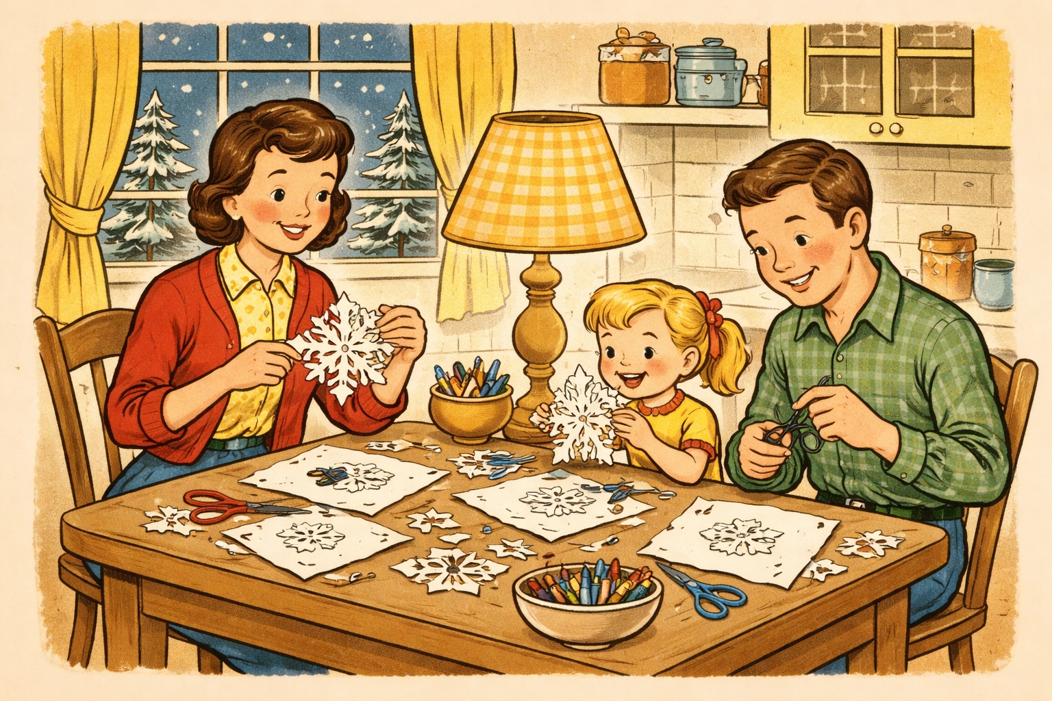 Living room decorated with homemade paper snowflakes hanging from ceiling and windows for a winter wonderland effect